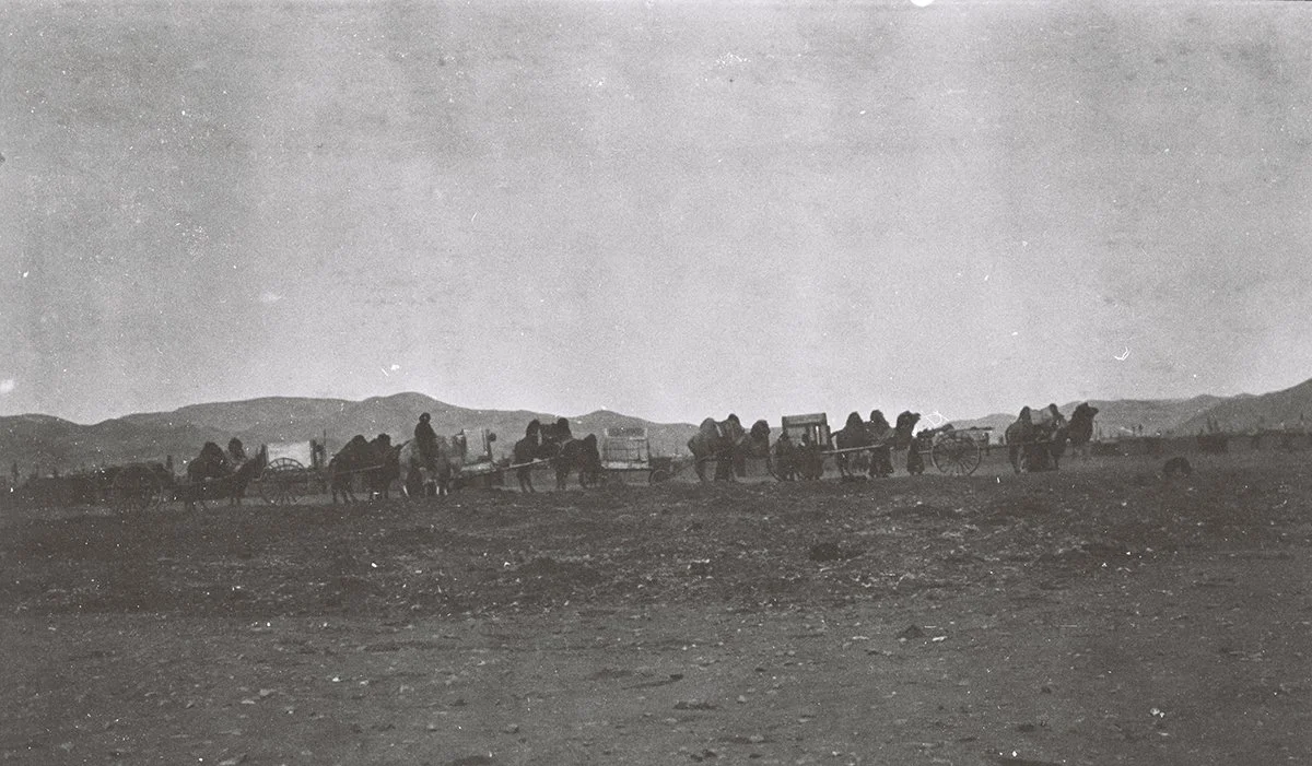  High wheeled Barga camel carts outside Urga. March 1912/TAR 