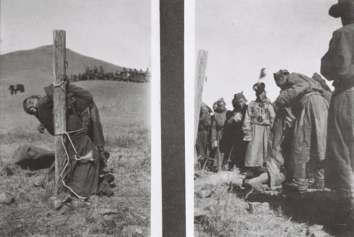  The elder man hanging to the pole after shooting/The younger man let down from the pole./H. Lucander 