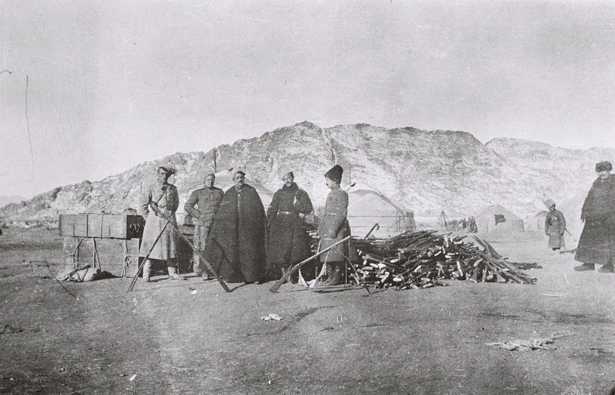  Russ. Officers with stacks of rifles taken from Sha-Lama/Russ officer 