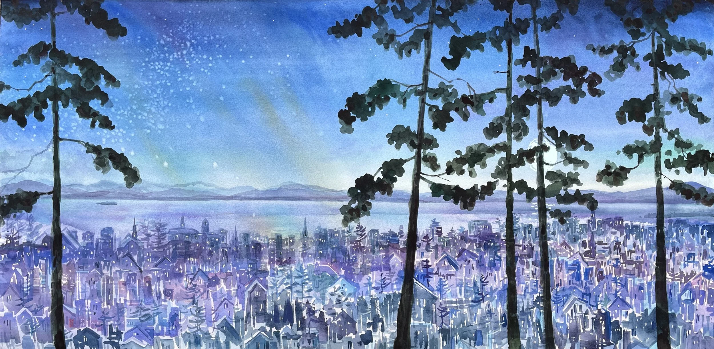 cityscape with pines 