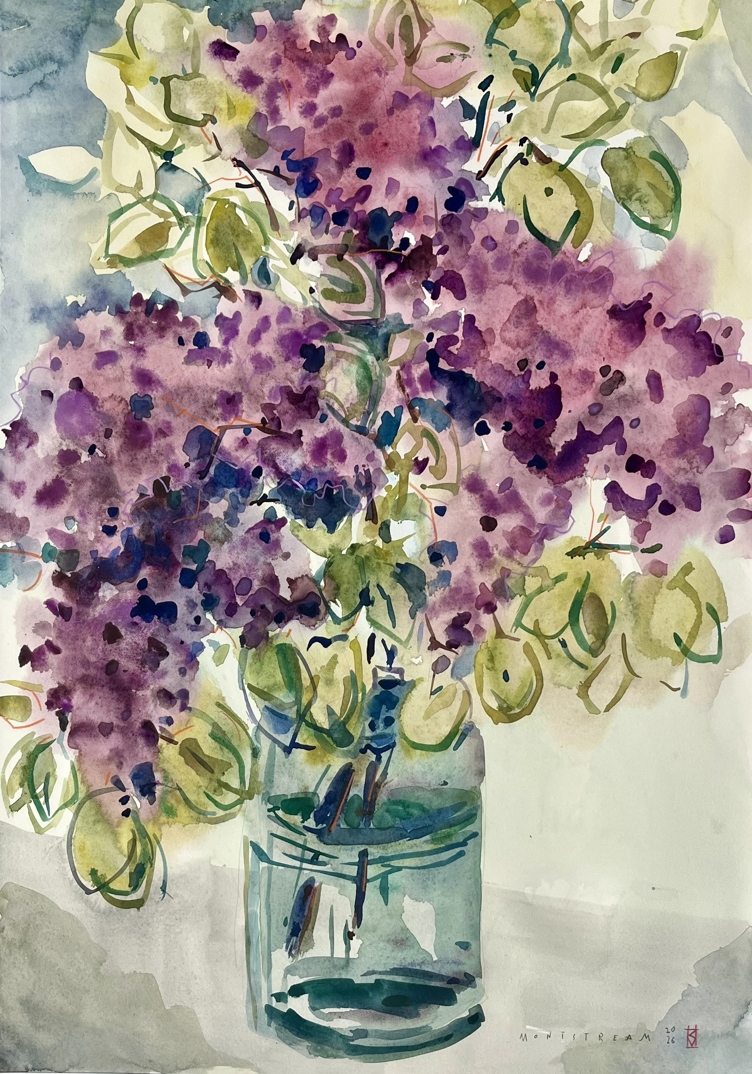 lilacs in green jar
14" x 20" unframed
650. 