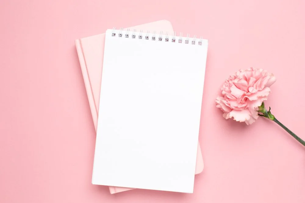 Notebooks and Flower on Pink Background.jpg