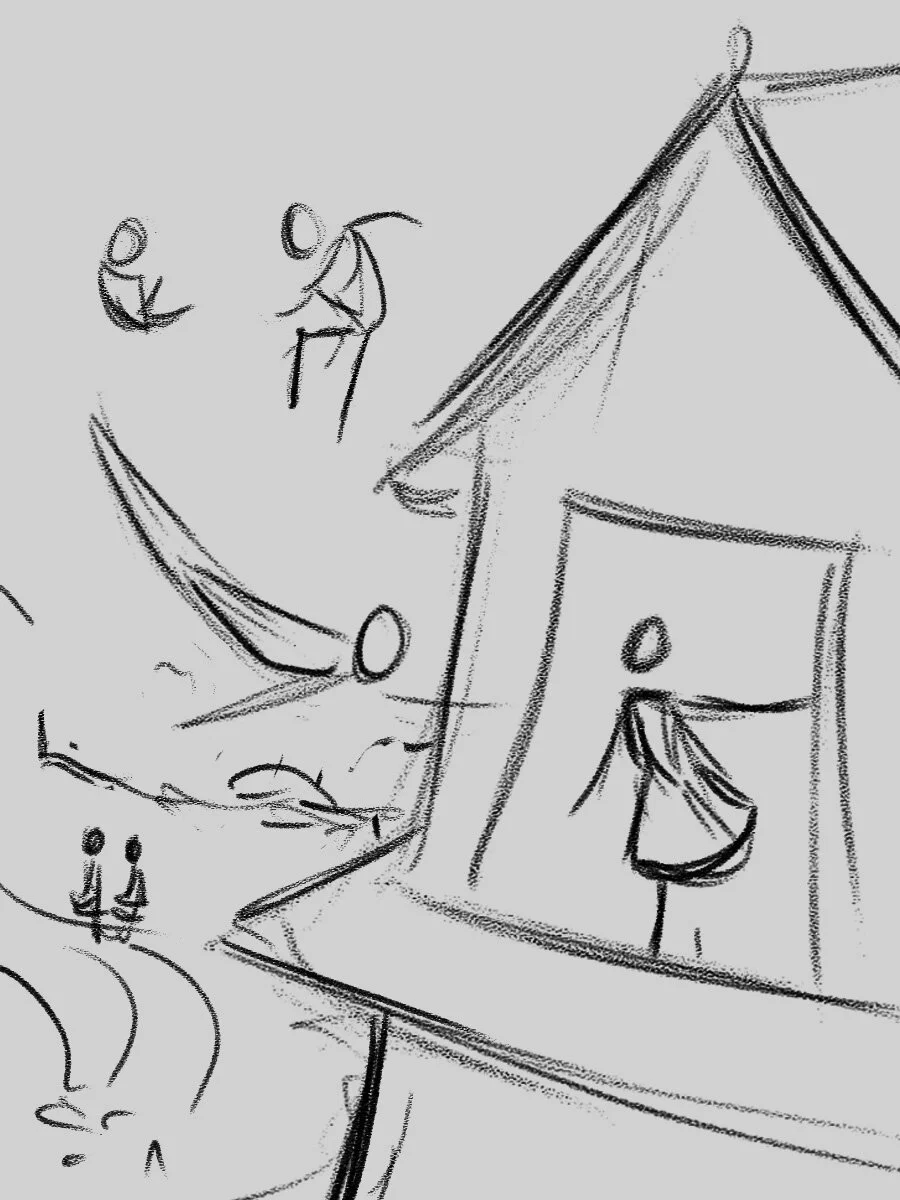 Wendy stands hesitantly at window. Mr. and Mrs. Darling walk up the path to the house.