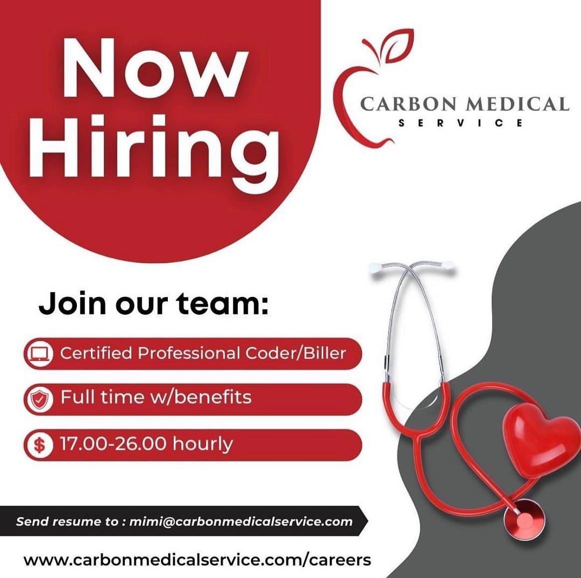 We are hiring! Carbon Medical Service is currently looking for a Certified Professional Coder and 2 Medical Assistants to join our team! To apply, send a resume to mimi@carbonmedicalservice.com