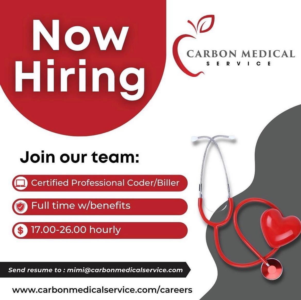 We are hiring! Carbon Medical Service is currently looking for a Certified Professional Coder and 2 Medical Assistants to join our team! To apply, send a resume to mimi@carbonmedicalservice.com