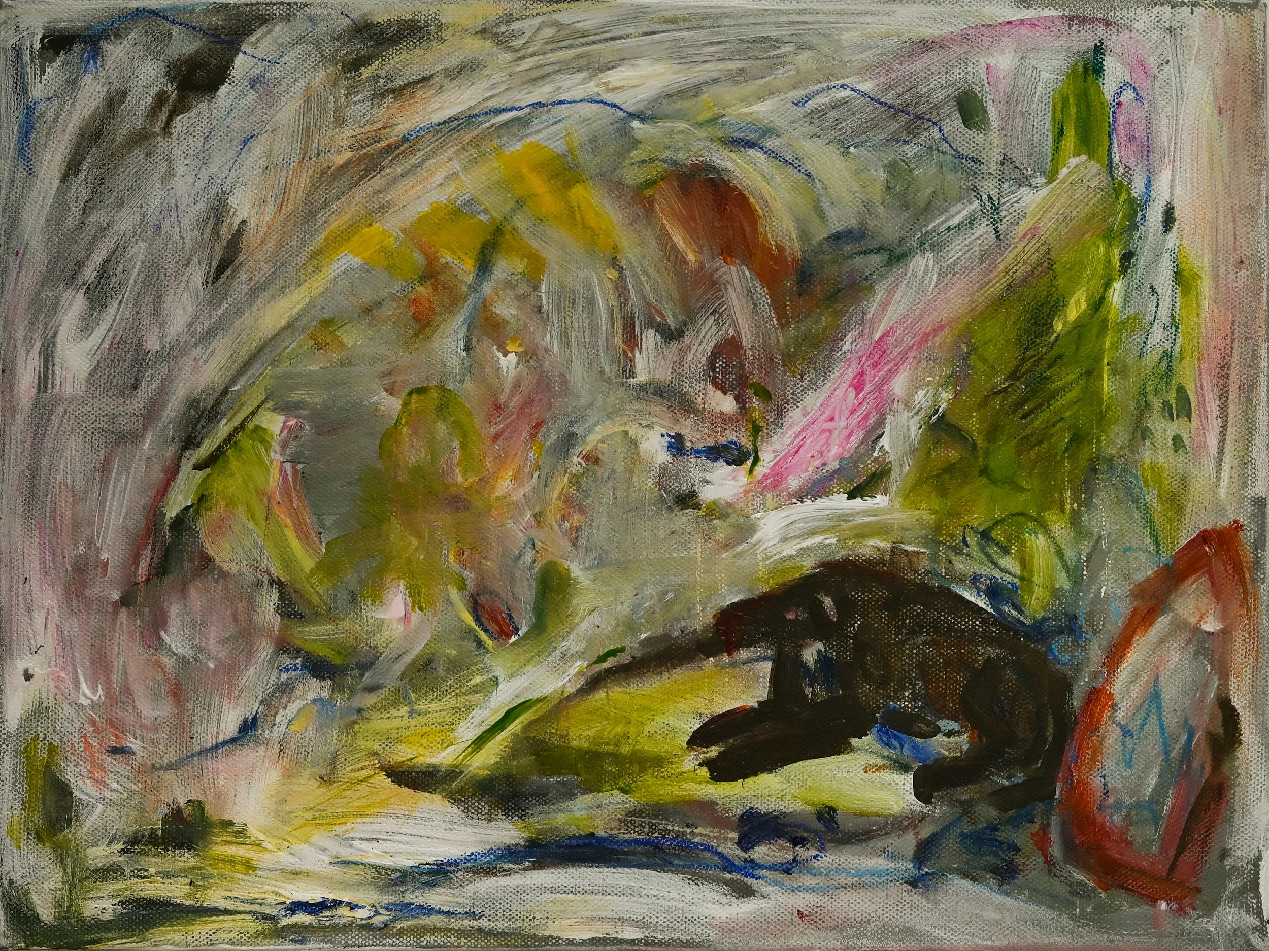 Thursday is a Good Day. Oil and arylic and pastel on canvas, 30 x 40 cm, 2025