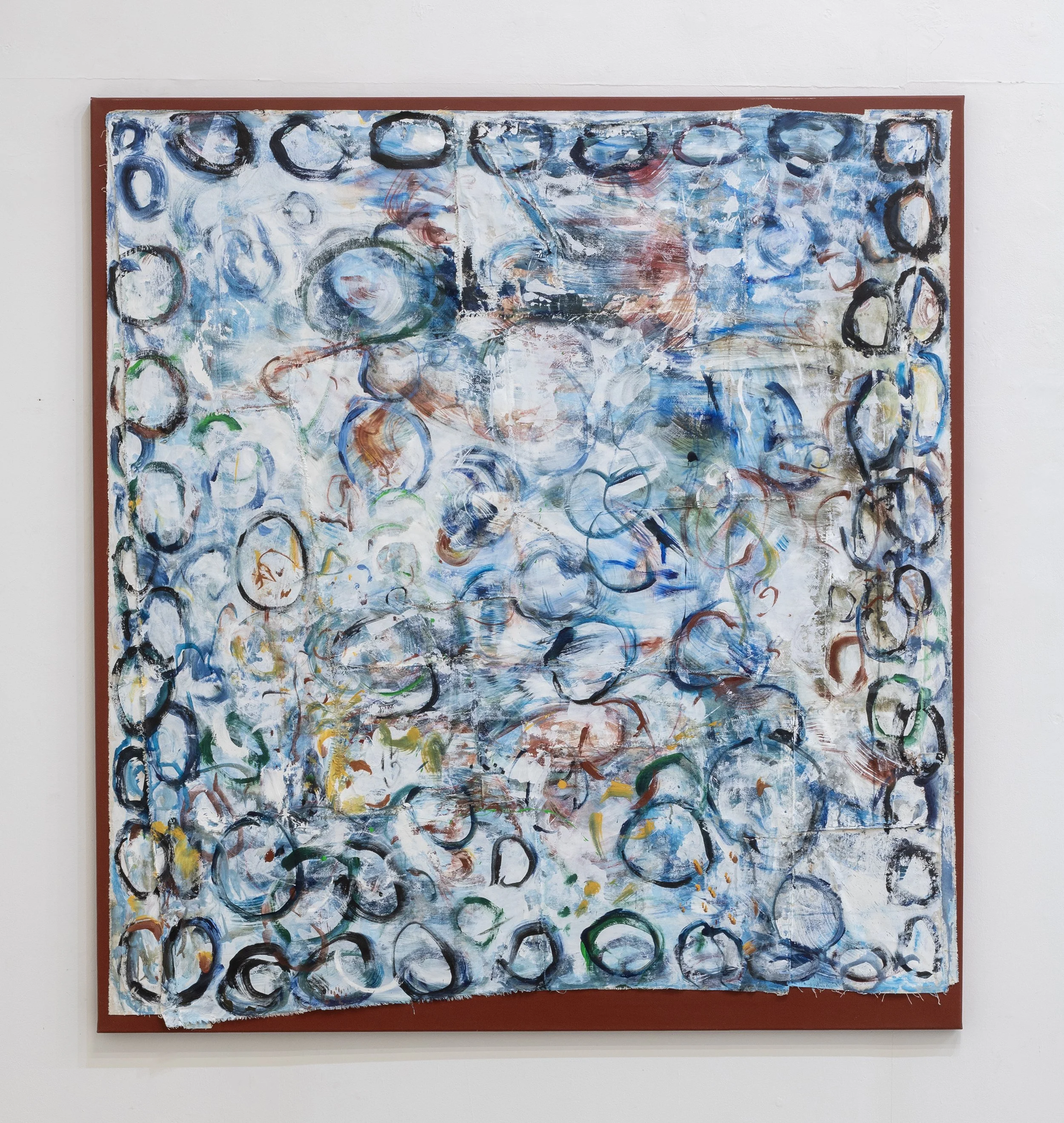 I Am An Ocean Breathing In And Out. 2024.  Acrylic, pastel, charcoal and thread on collaged canvas mounted on acrylic canvas stretcher. 171.5 x 178 x 3 cm