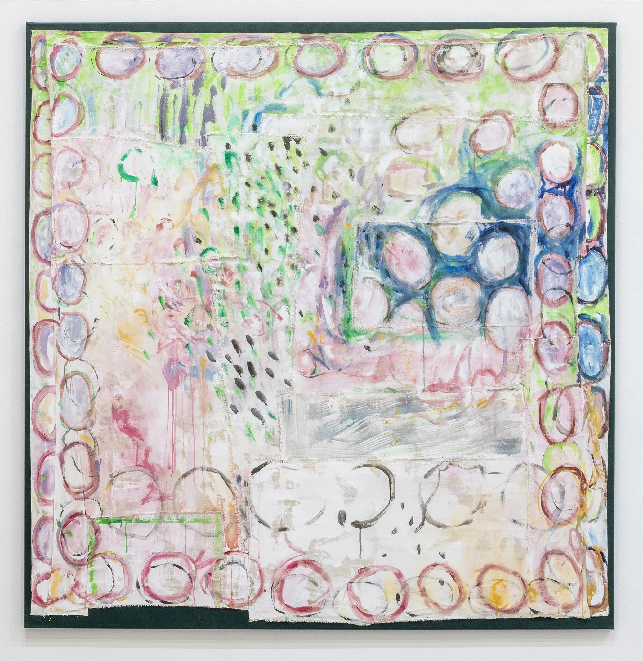 I Fell Asleep Amid The Flowers For A Couple Of Hours.  2024.  Acrylic, pastel, charcoal and thread on collaged canvas mounted on acrylic canvas stretcher.  165 x 161 x 3 cm