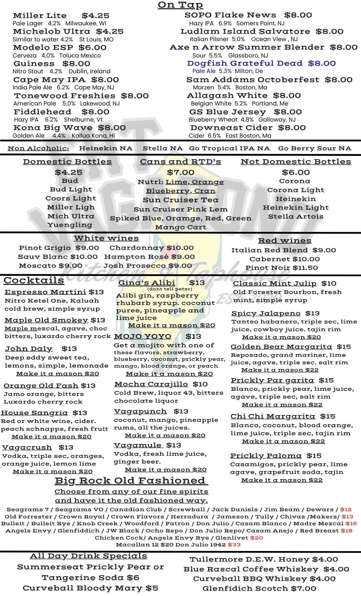 A menu listing various craft beers, non-alcoholic drinks, and cocktails, including descriptions and prices.