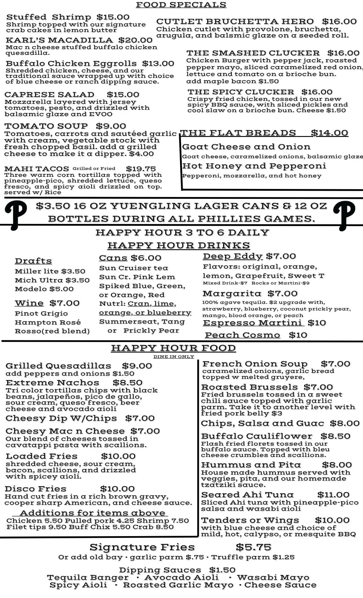 Menu listing food specials including shrimp, chicken, salads, soups, tacos, and various drinks with prices.