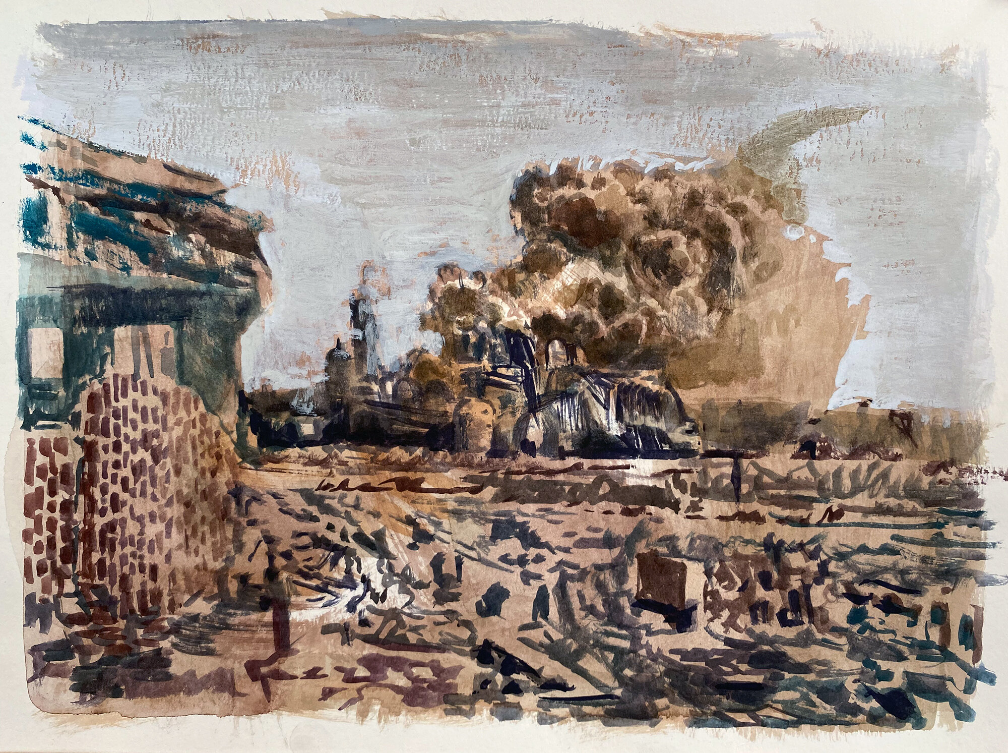 Chemical plant explosion, gouache on paper, 2020