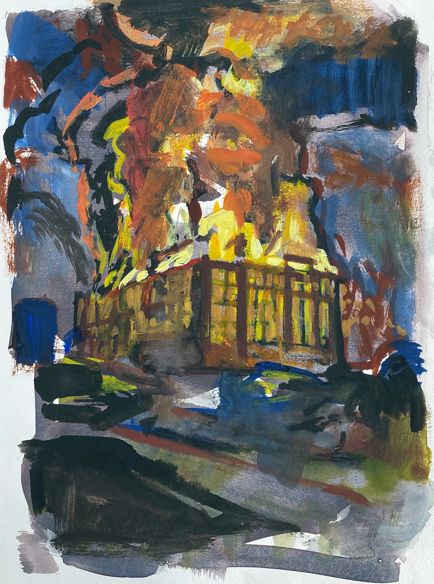 Burning building, gouache, 2020