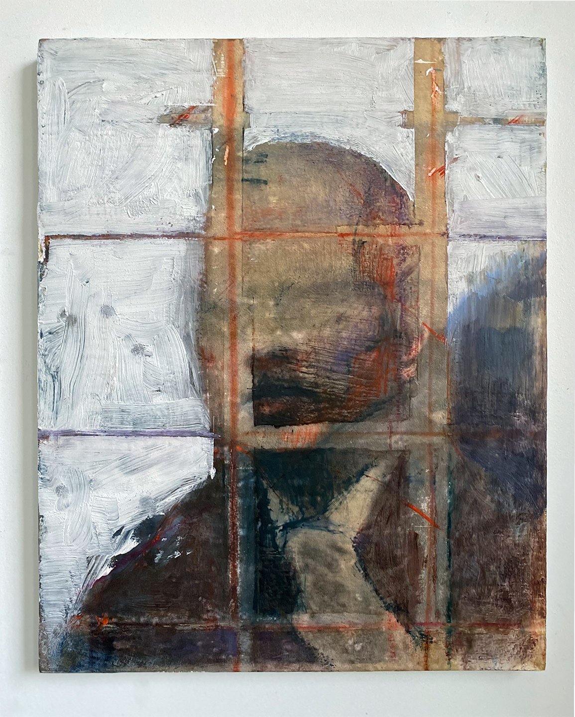  The Speech (from Relics of Industry series), encaustic, oil, pigment stick, and pencil on found photograph mounted on panel, 20 x 16, 2022. 