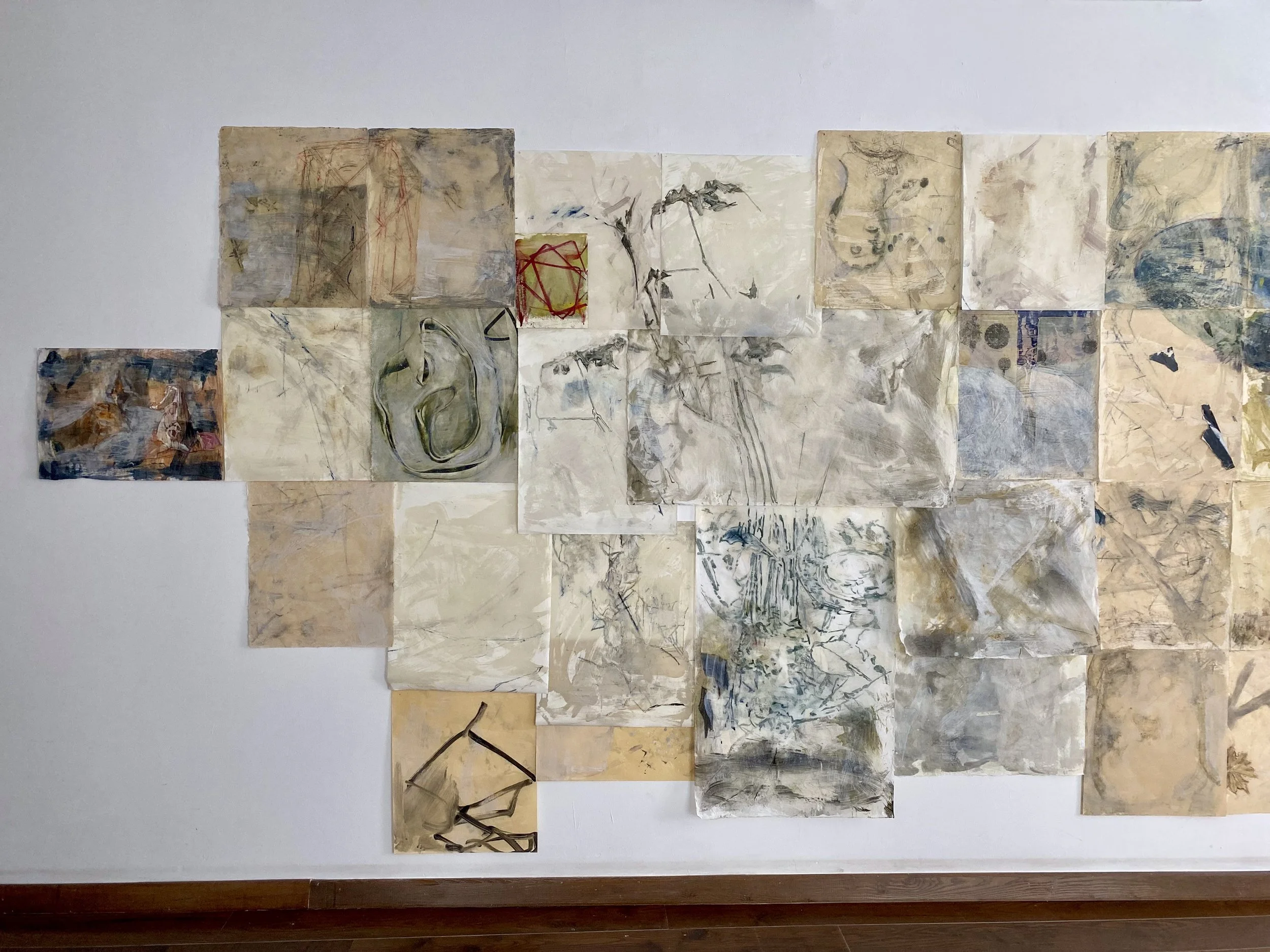 encaustic, watercolor, graphite, chalk, charcoal, collage, objects and mixed mediums on gampi and kitakata papers