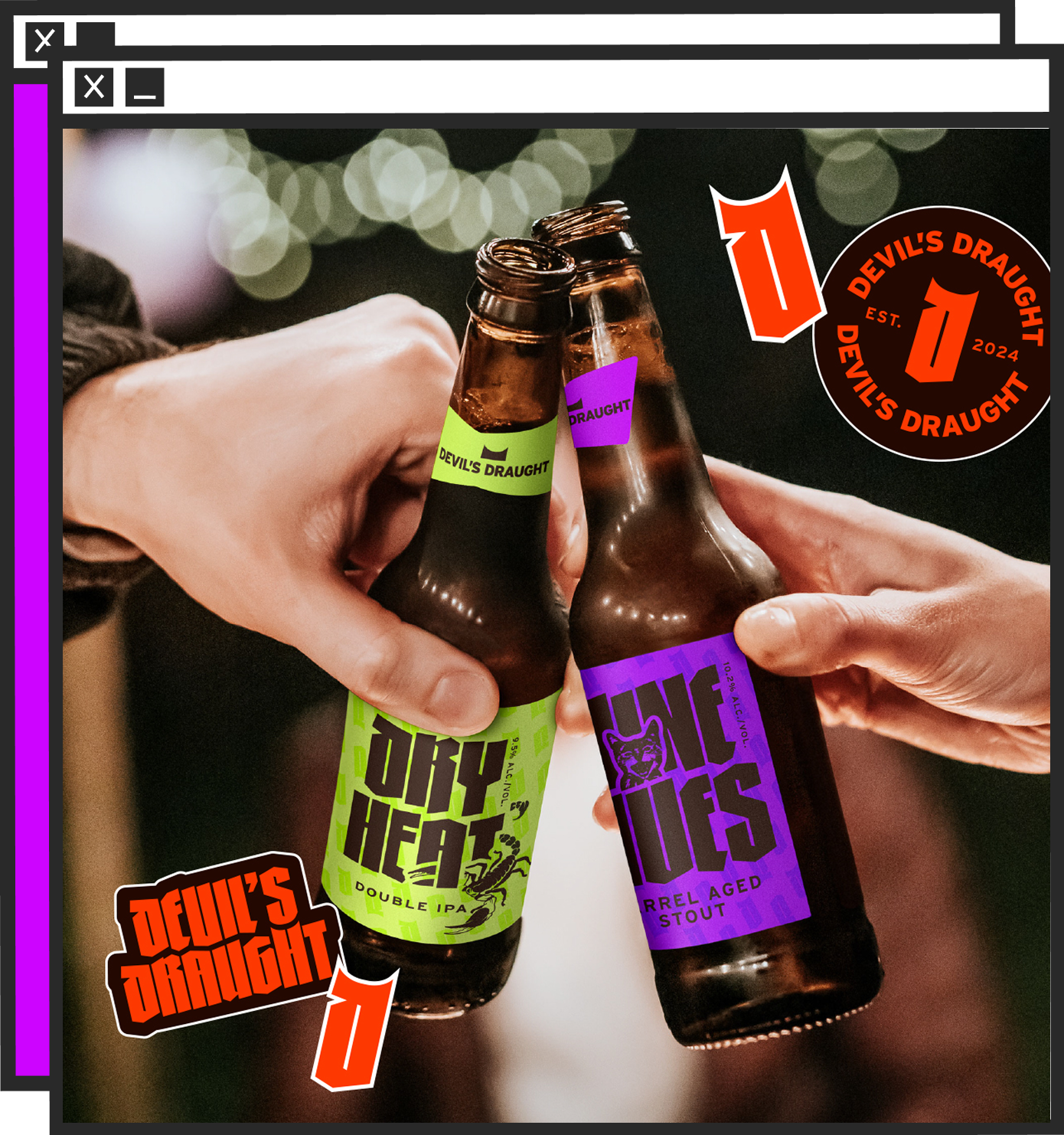 Two people clinking bottles of craft beer labeled 'Double IPA' and 'Barrel Aged Stout' with a blurred festive background and multiple patches displaying 'Devil's Draught' and '1' for first anniversary.