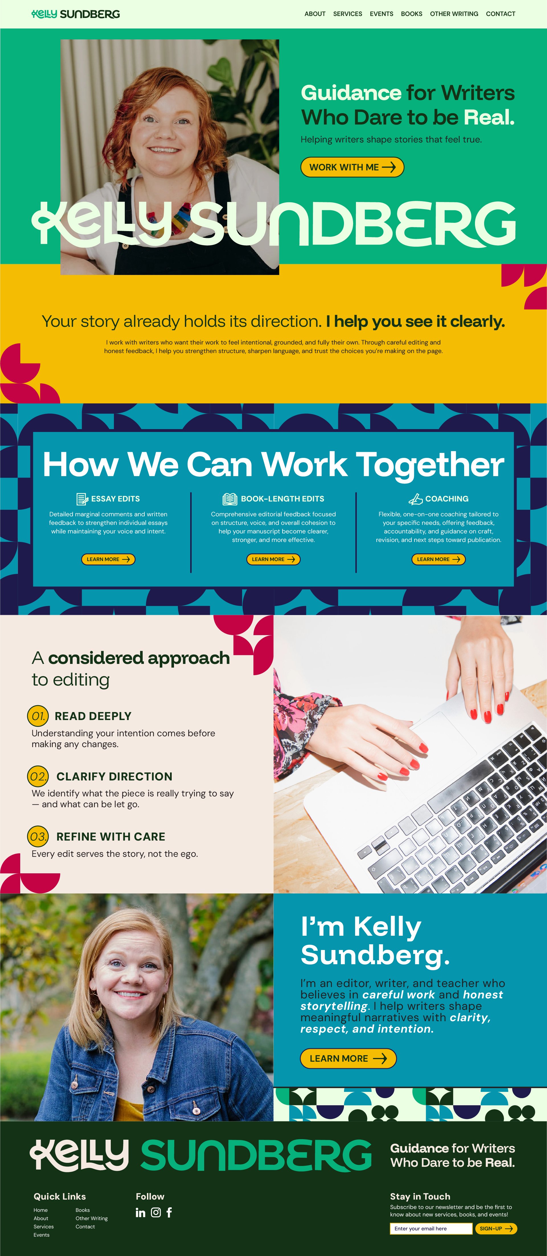 A colorful website homepage for Kelly Sundberg, a writing guidance and editing service. It features a smiling woman with red hair and text about her services, approach, and personal introduction.