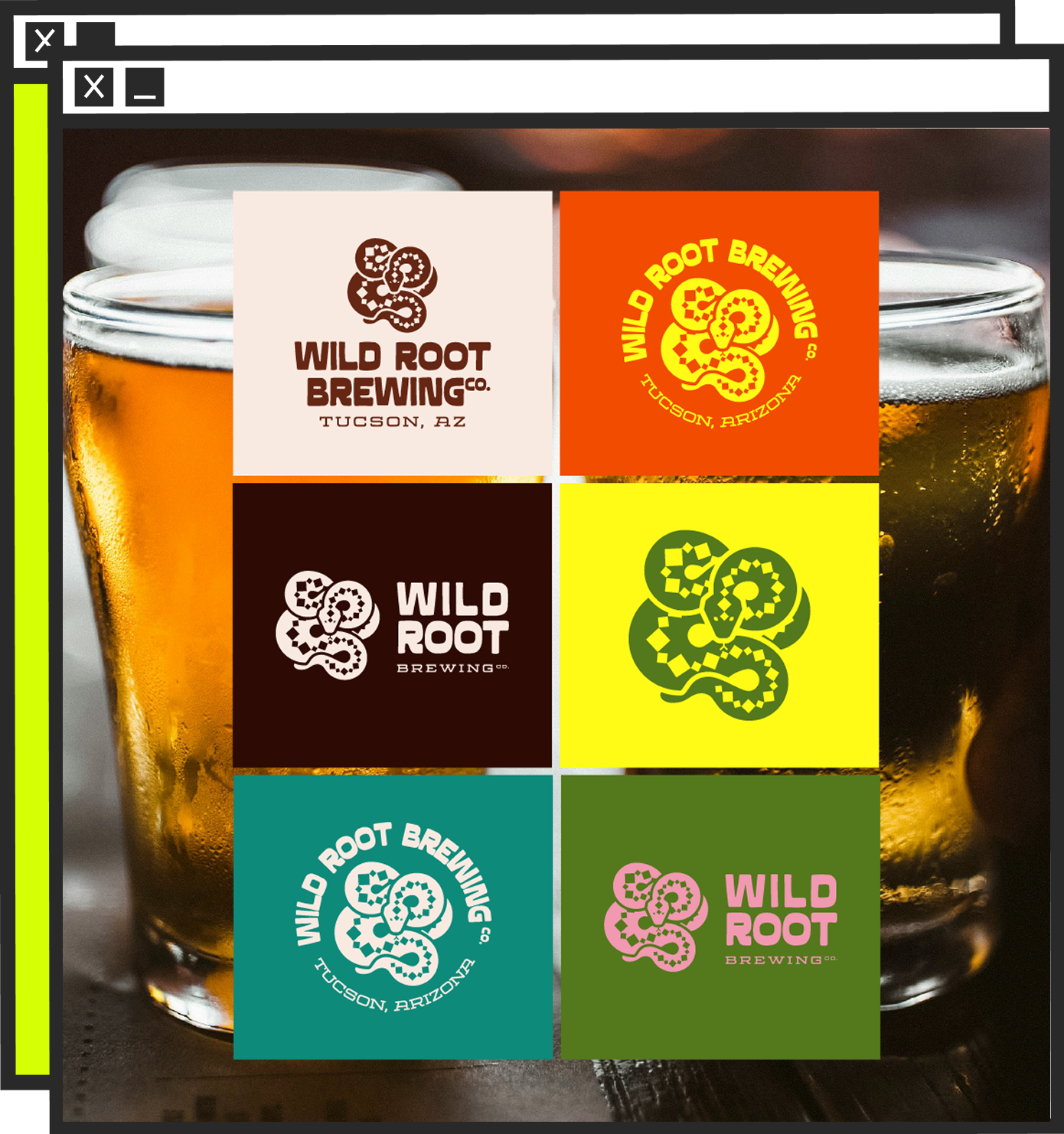 Collage of six different Wild Root Brewing logo designs, with a background image of beer glasses filled with beer.