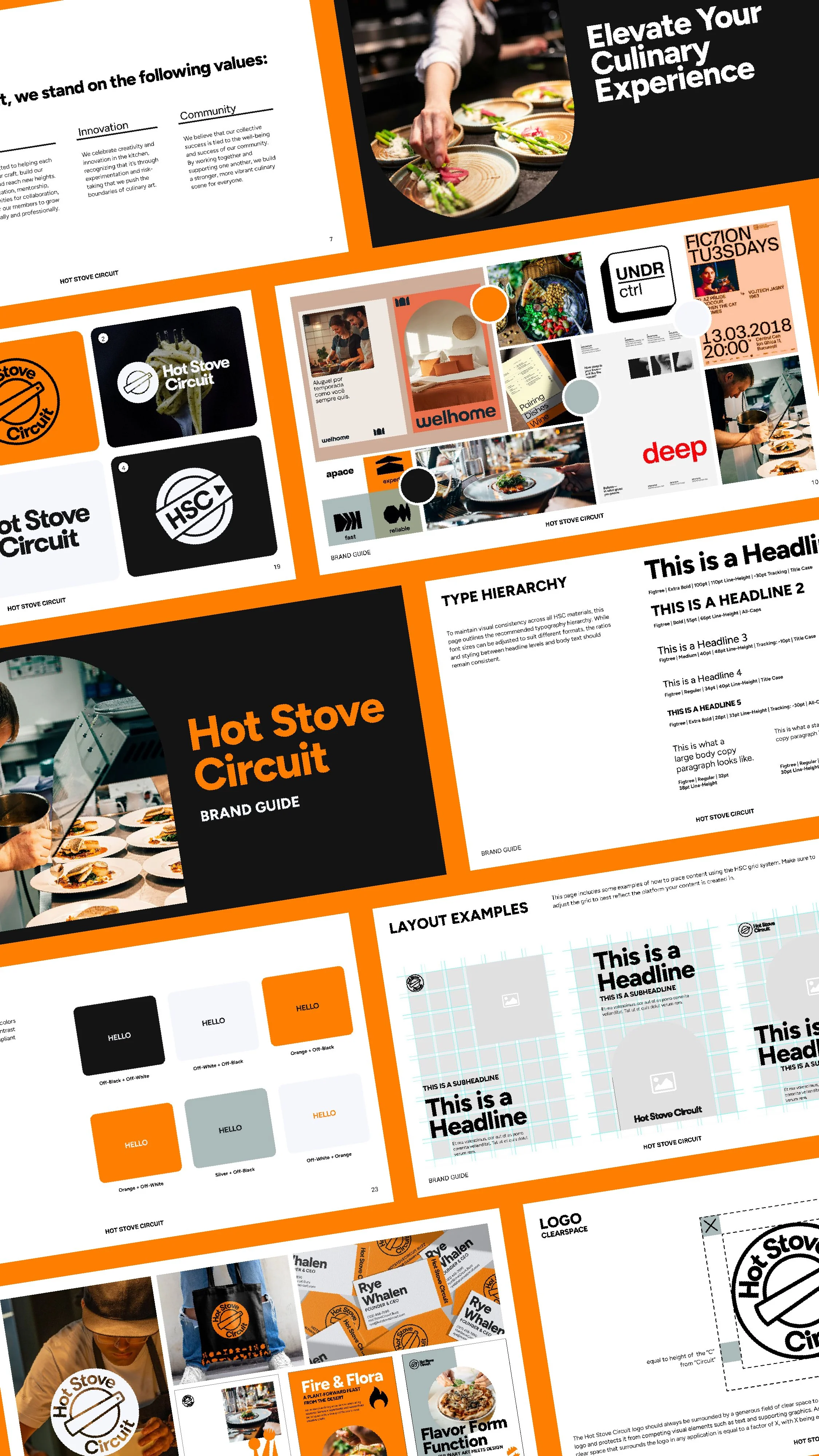 A collage of marketing and branding materials for Hot Stove Circuit, featuring documents, logos, brand guides, and images of food and people cooking in a restaurant setting.