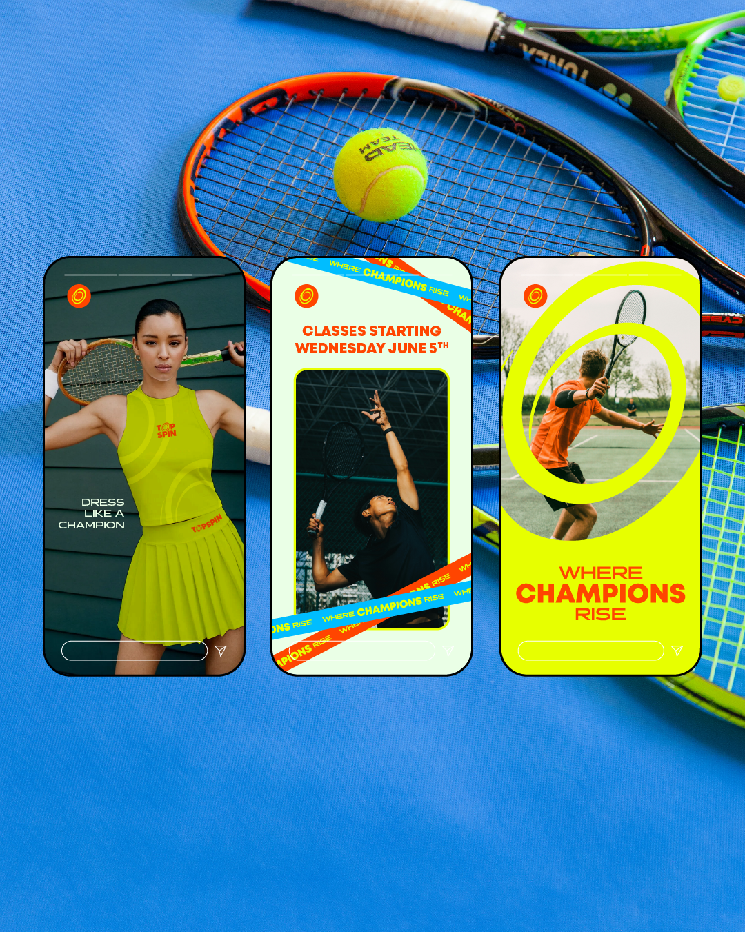 Three smartphone screens displaying tennis-themed promotional graphics are placed on a blue surface. The background includes tennis rackets and a tennis ball.
