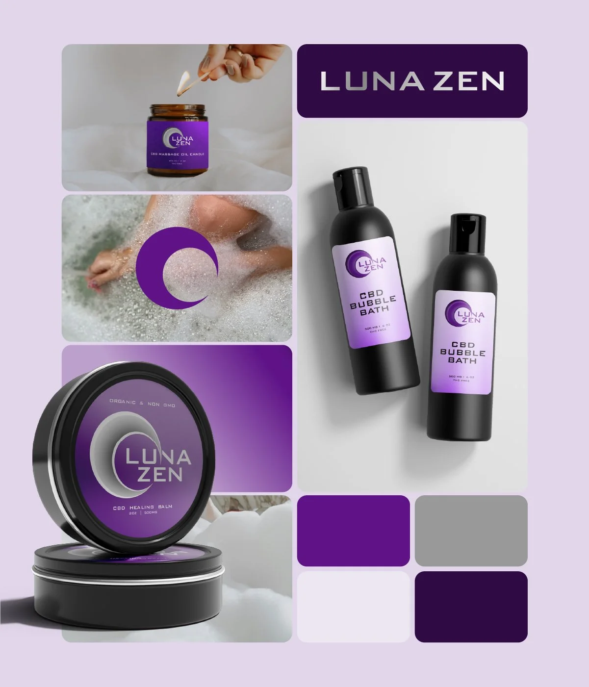 Products from Luna Zen including CBD bath bubble bottles, a CBD healing balm jar, and a candle. The design features purple and black packaging with a crescent moon logo, set against light purple and white backgrounds. The images also show a person in a bubble bath with foam and a candle, indicating relaxation theme.