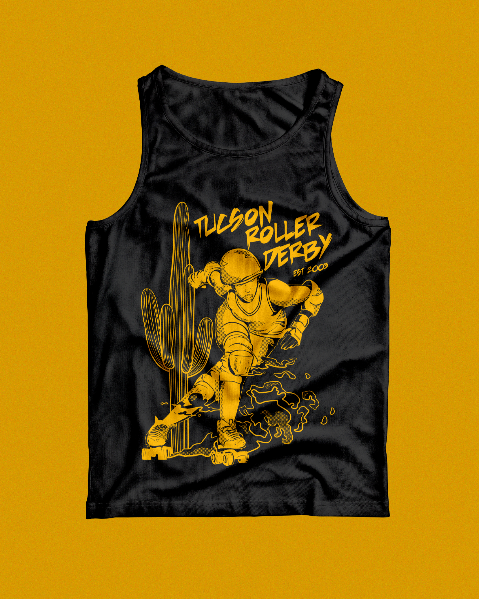 Black sleeveless shirt with yellow graphic design and text about Tucson roller derby, featuring a roller skater.