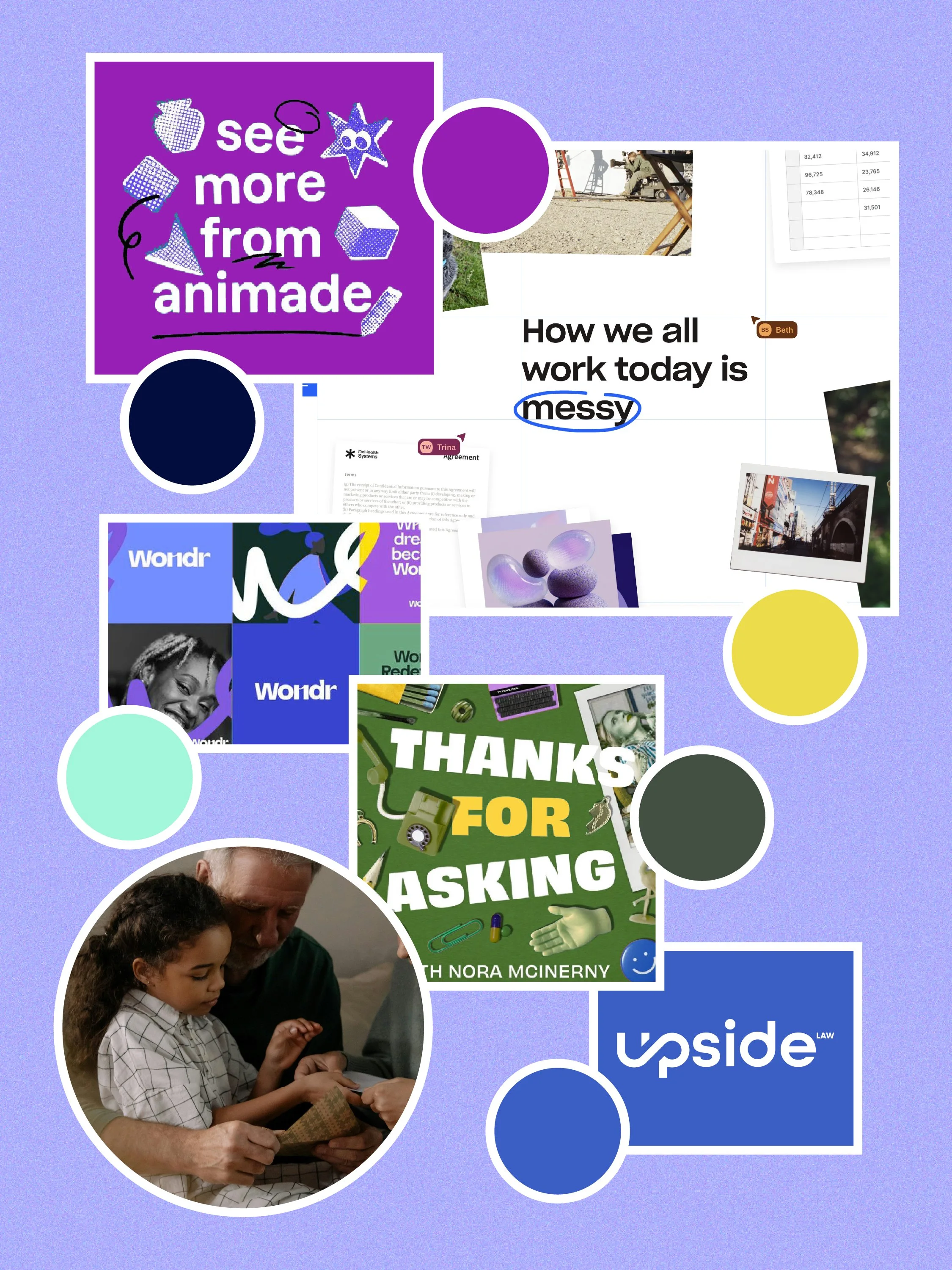 A collage of various images including a purple square with white text stating "see more from anmade" and illustrated 3D shapes, a man working on a construction site, a chart with data, a woman and girlExamining a piece of paper together, and several other small images and illustrations, all arranged on a purple background with colorful circles.