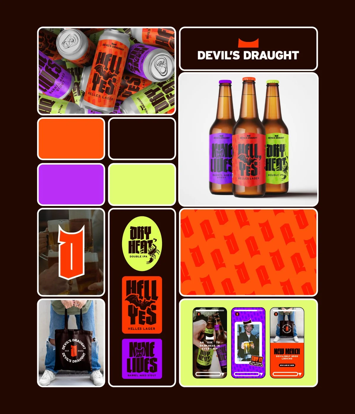 A promotional layout for Devil's Draught beer, featuring images of beer cans and bottles with purple, orange, green, and black labels. The layout includes close-ups of beer mugs and branded merchandise such as a tote bag. The background is dark brown with branding elements and promotional messages.