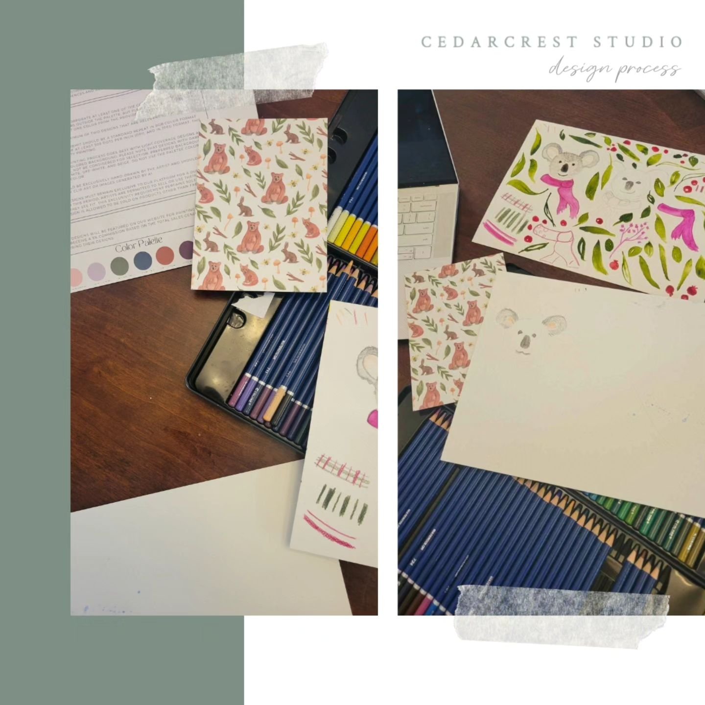 A little behind the scenes of creating, Cozy Koala, exclusively for @naturalrootsfabric Winter Collection. 

This pattern was created using a mix of watercolor pencils and paint. I love combining the two to create a balance of organic, texture, and d