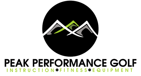 Logo for Peak Performance Golf with green and gray stylized mountains and text referencing instruction, fitness, and equipment.