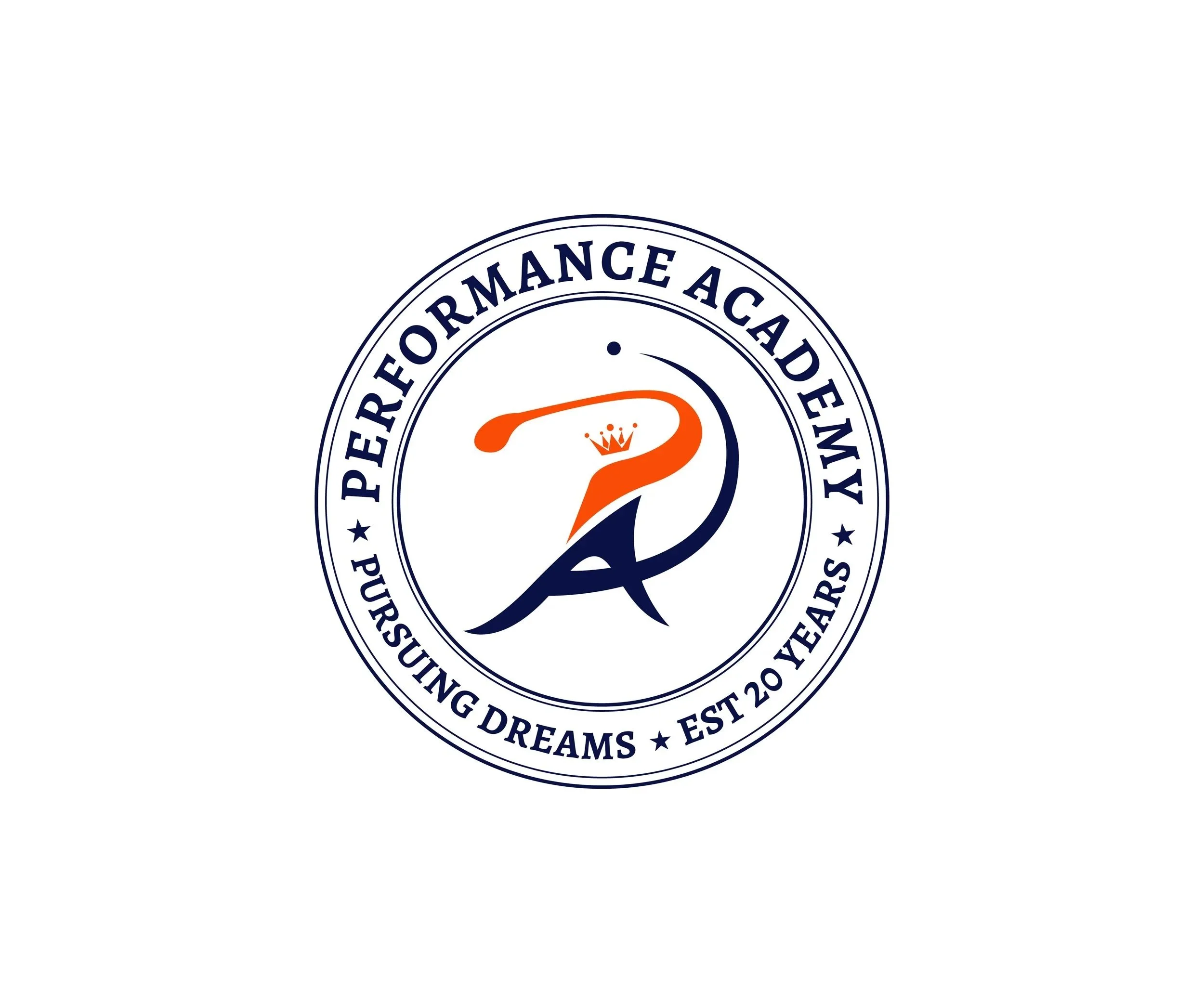 Partial view of a circular emblem with the words 'Performance Academy' around the outer edge, a stylized orange and navy blue 'P' in the center with a small crown above the upper curve, and additional text and stars.