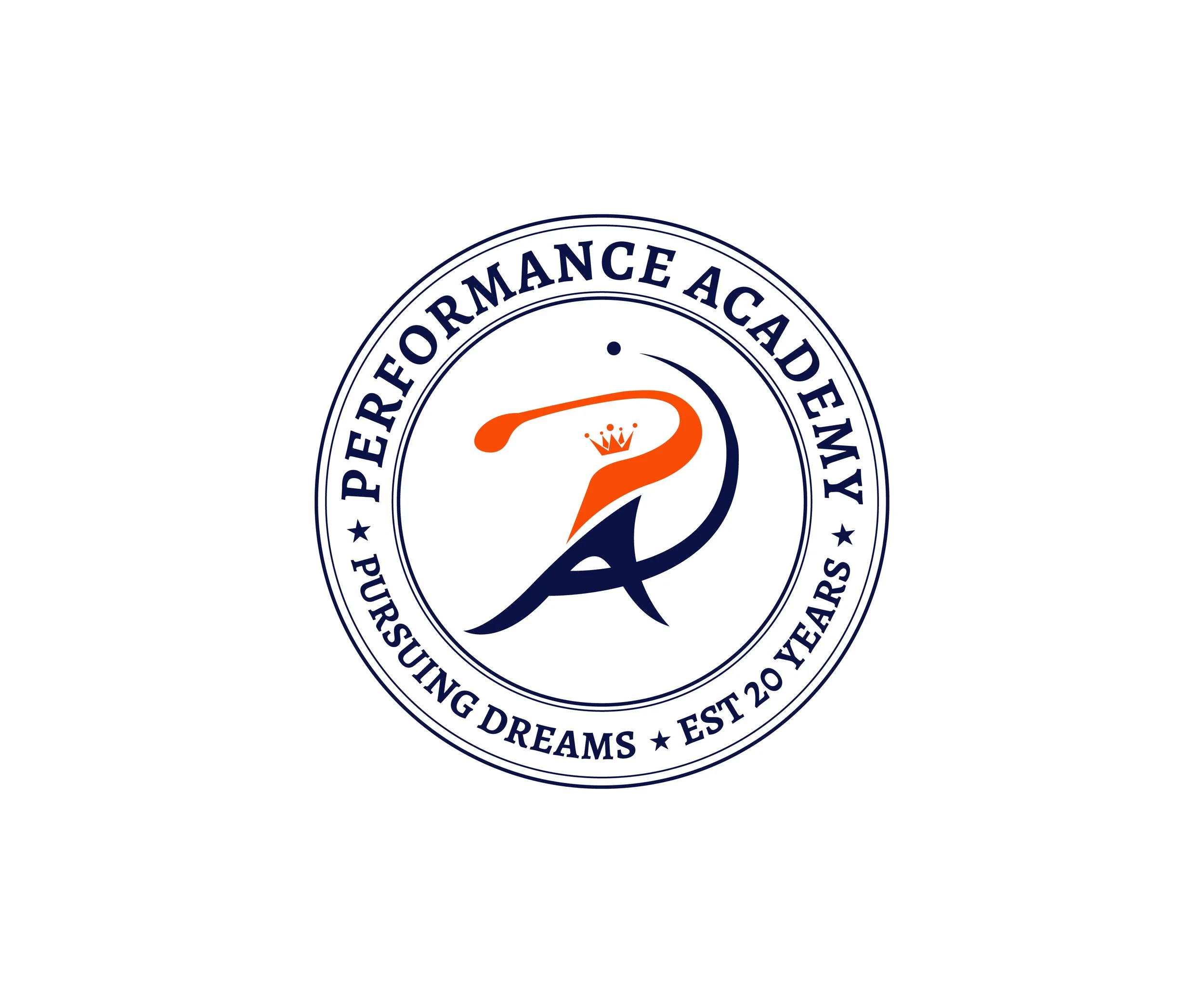 Partial view of a circular emblem with the words 'PERFORMANCE ACADEMY' and other text around it, featuring an orange stylized flame with a small crown on top.