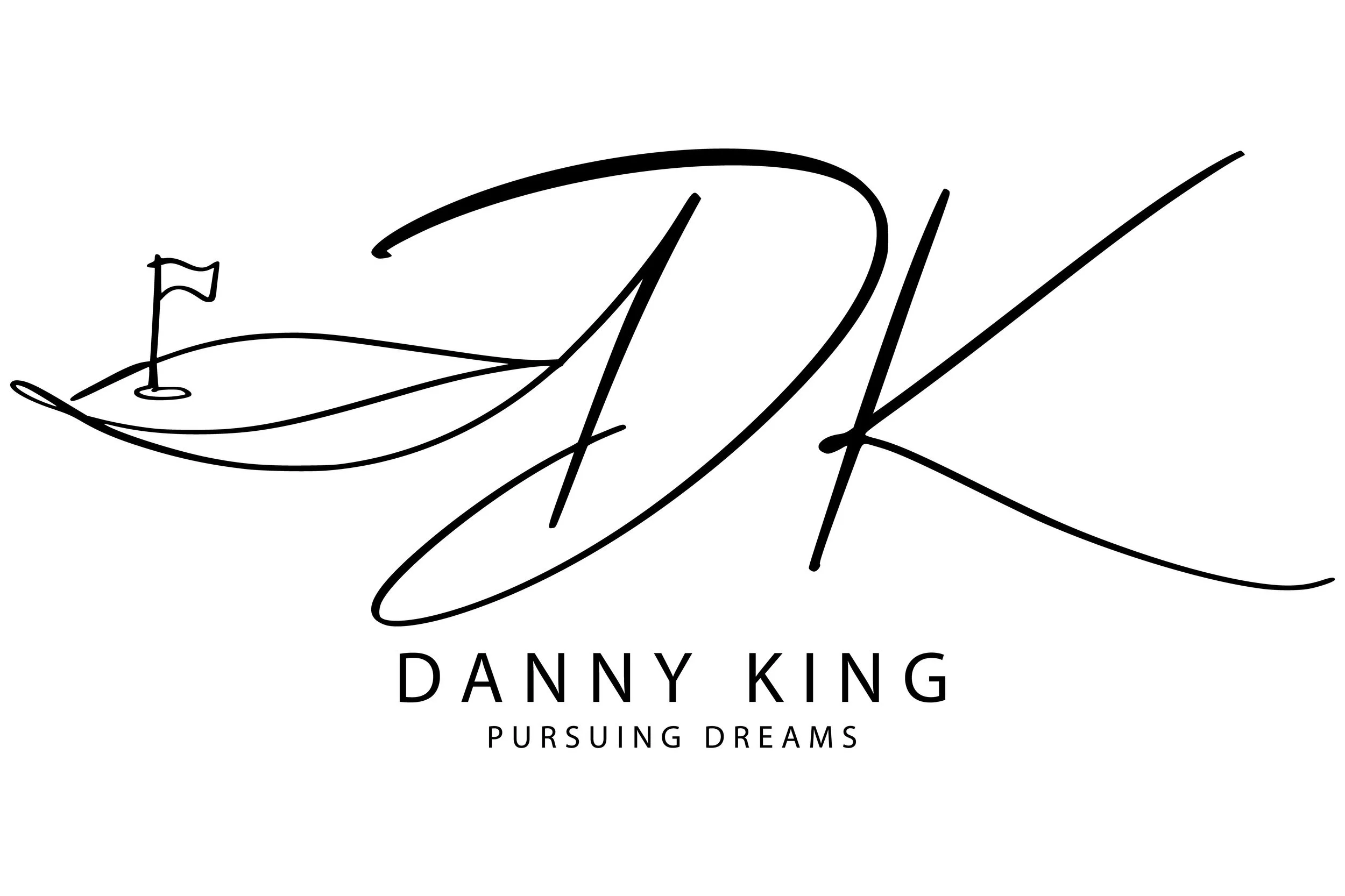 Stylized black signature of Danny King with a small flag illustration, followed by the text 'Danny King' and the slogan 'Pursuing Dreams' in black, on a white background.