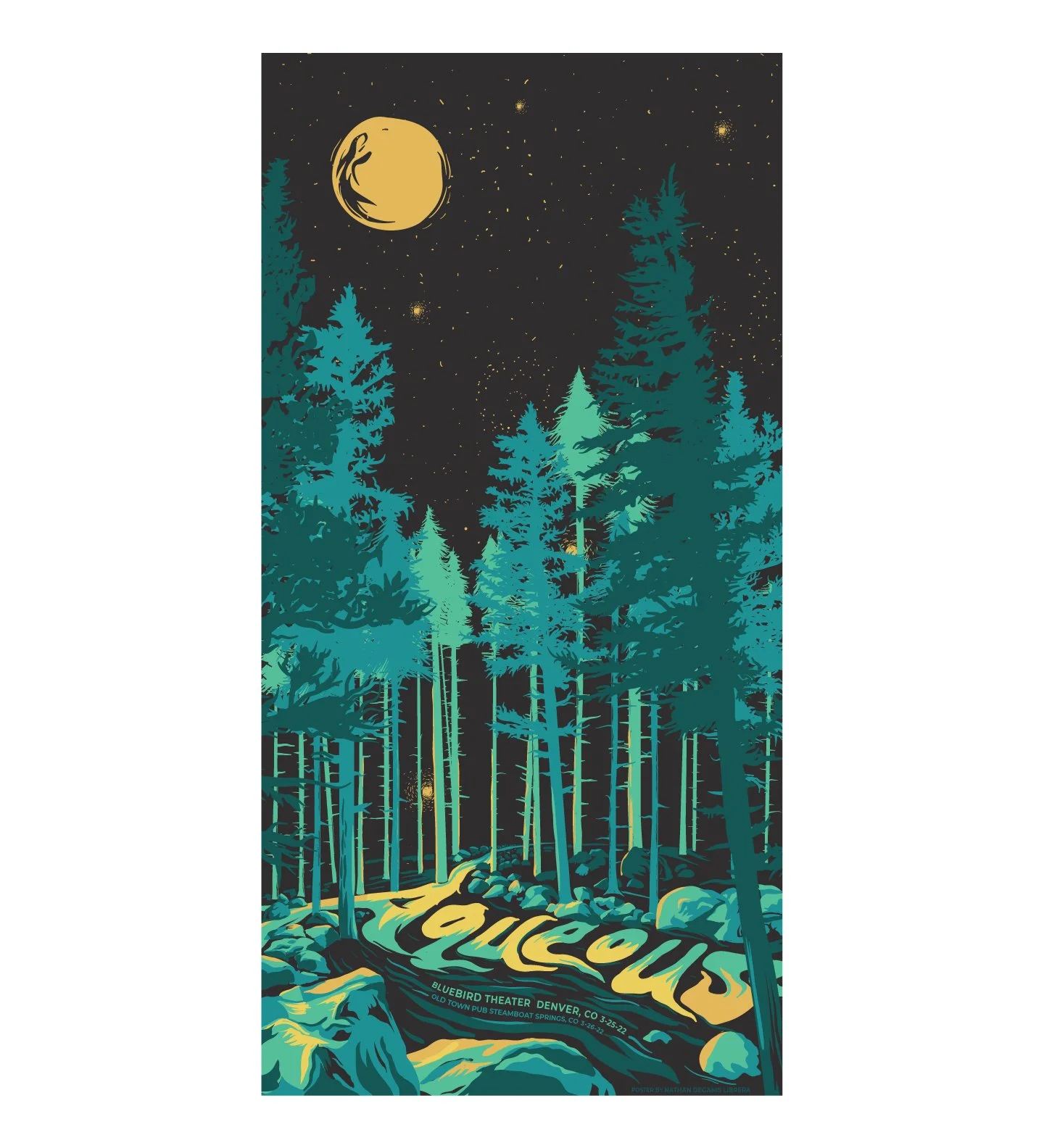 A poster featuring a night scene of a dense forest with tall pine trees under a starry sky and a large moon. The ground has rocks and a flowing creek with the word "AZUCAR" in large yellow letters. Text at the bottom indicates an event at Bluebird Th