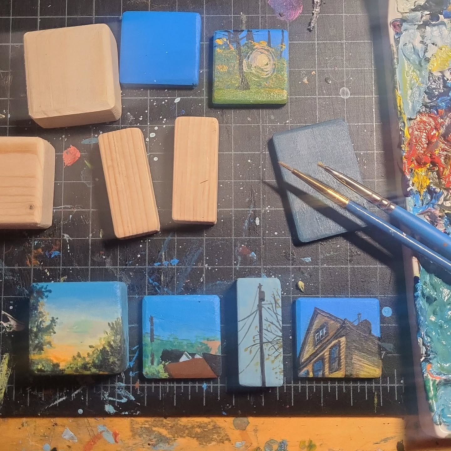 A few mini paintings and magnets in the works. Little portals. struggling with creative focus lately, overwhelmed where to even start, but pushin through.