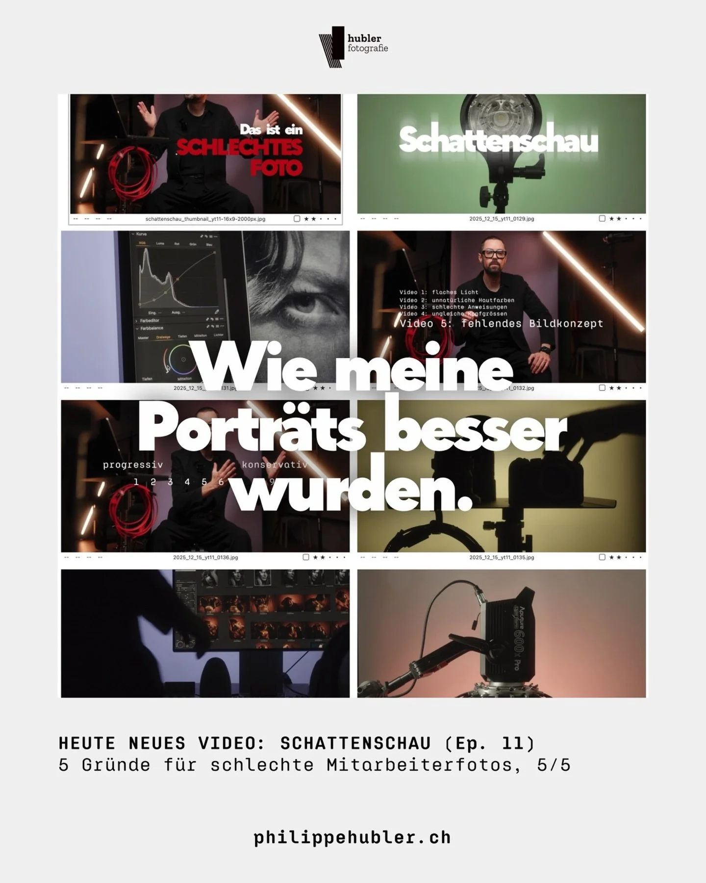 Wie meine Portr&auml;ts besser wurden.

HEUTE kommt ein neues Video: SCHATTENSCHAU (Ep. 11)

Der letzte Teil (5/5) meiner Videoserie:
&bdquo;5 Gr&uuml;nde f&uuml;r schlechte Mitarbeiterfotos&ldquo;

Video 1: Flaches Licht
Video 2: unnat&uuml;rliche H