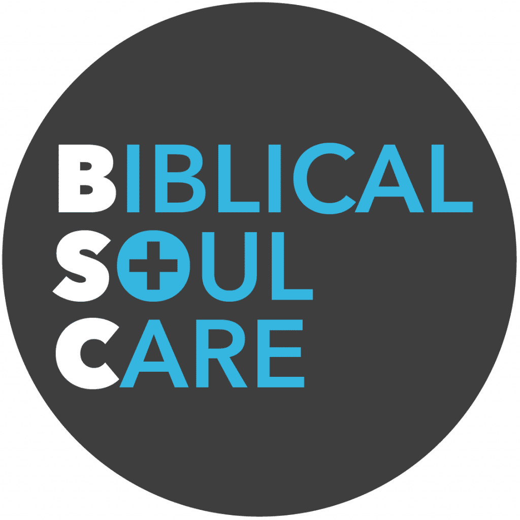 Logo with the words Biblical Soul Care, with 'B' and 'S' and 'C' and 'A' in white, and the rest of the text in blue, on a dark gray circular background