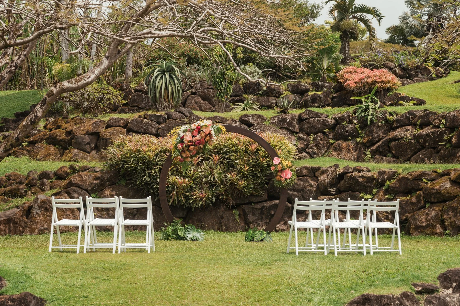 wedding ceremony area at Princeville Botanical Garden