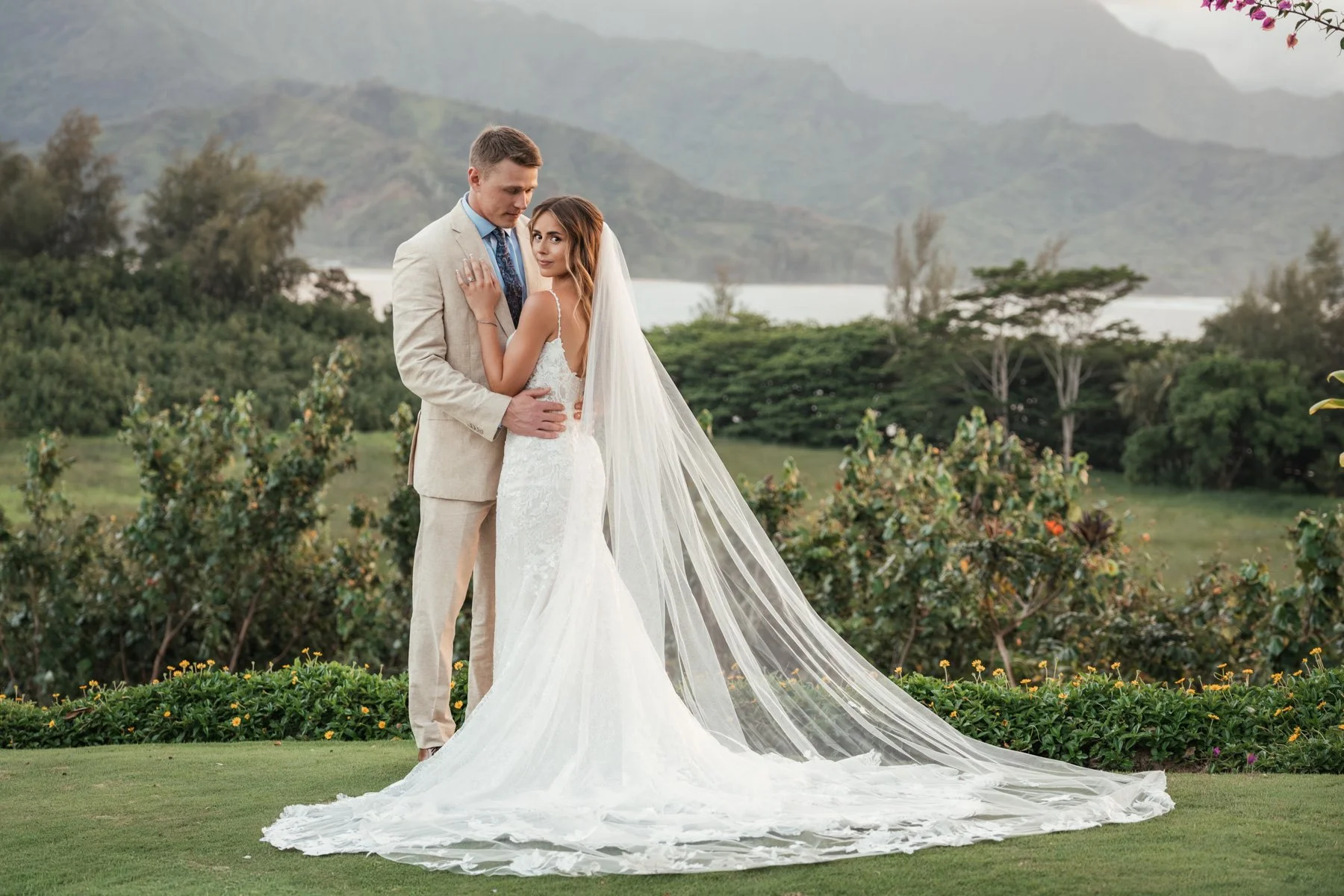 Wedding dress photography with bride and groom in Kauai