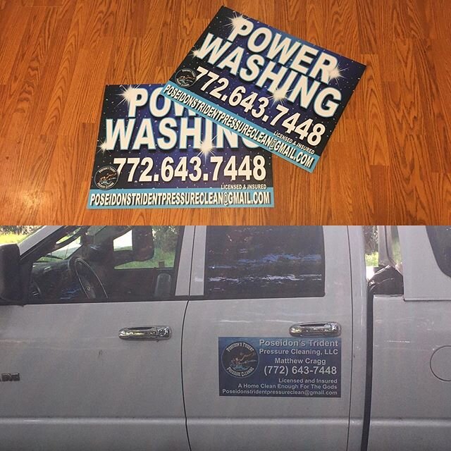 Signs and magnets are in I think they look great 👍 #poseidonstridentpressurecleaningllc #pressurewashing #pressurecleaning #signs #truckmagnets #advertisement #smallbusiness #supportsmallbusiness #verobeach #florida #indianrivercounty