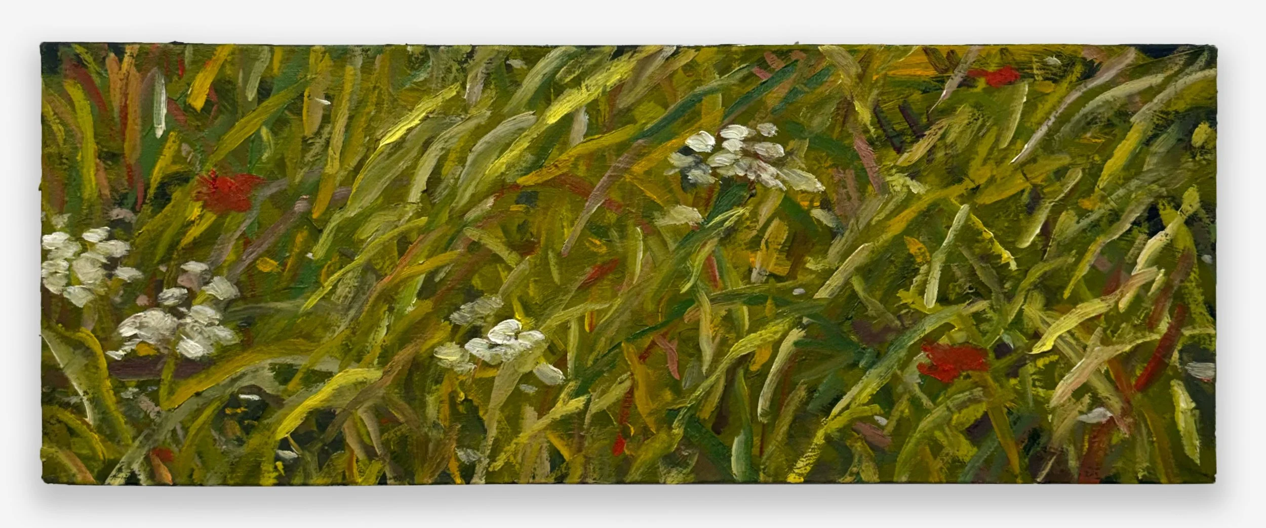 Tin Nguyen,“the earth reflects back, a sky behind me; companion piece”, oil on canvas, 9 x 24 inches, 2026
