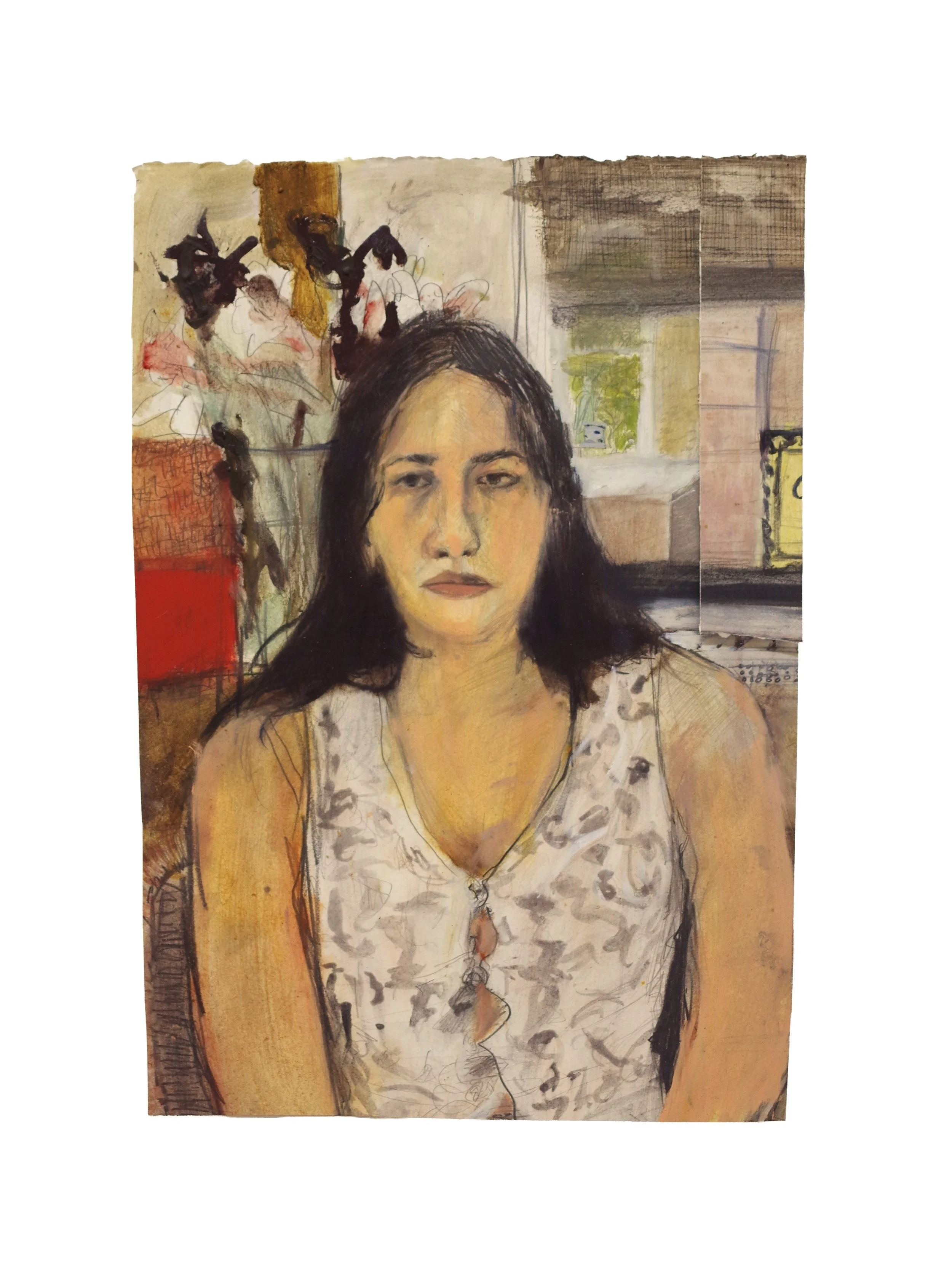 "Isabel in Chinatown", Oil and Graphite Materials on Paper, 21 x 14 inches, 2025