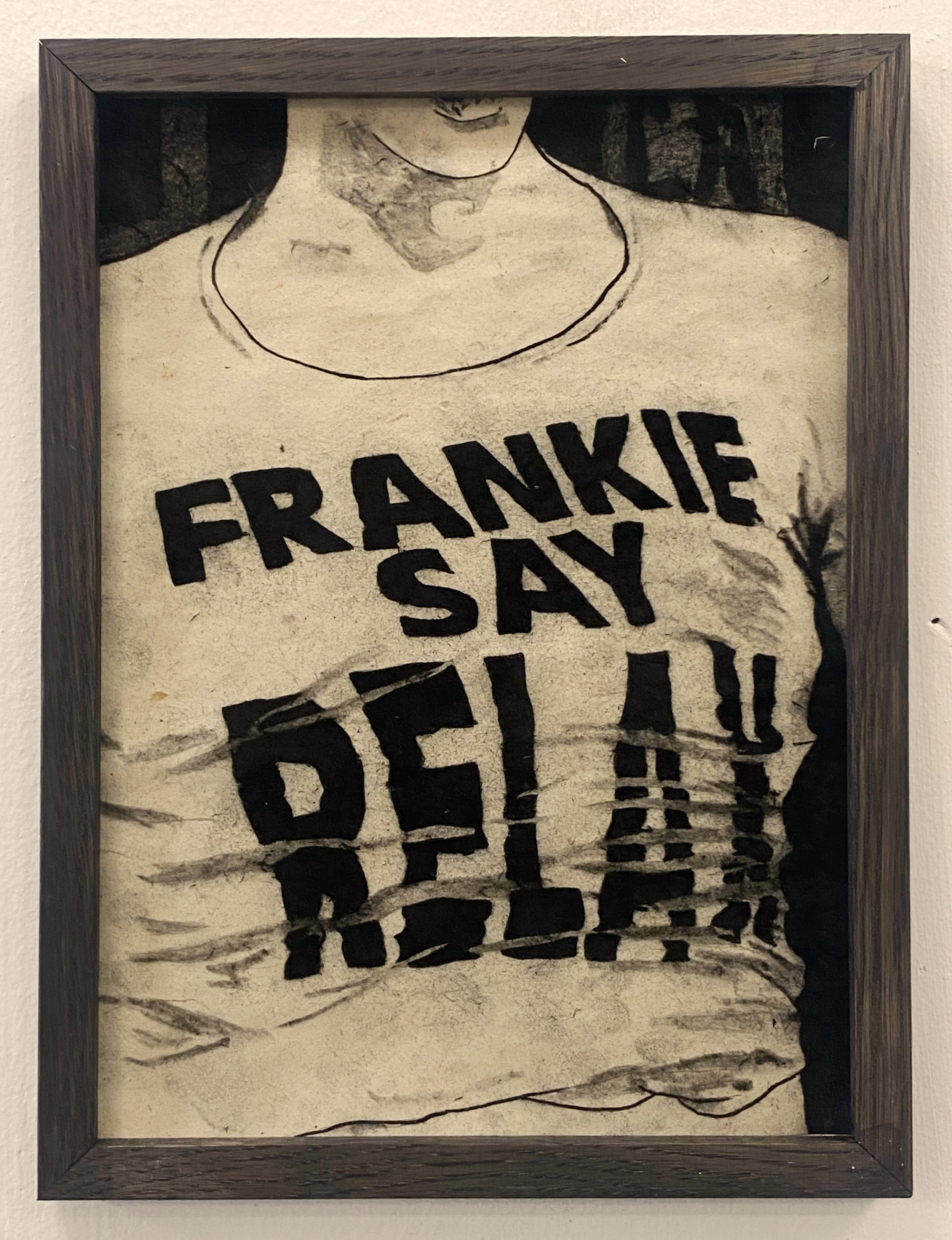 "Ross from Friends wearing Frankie Goes to Hollywood T-shirt", charcoal on paper, 11 x 8 inches, 2025