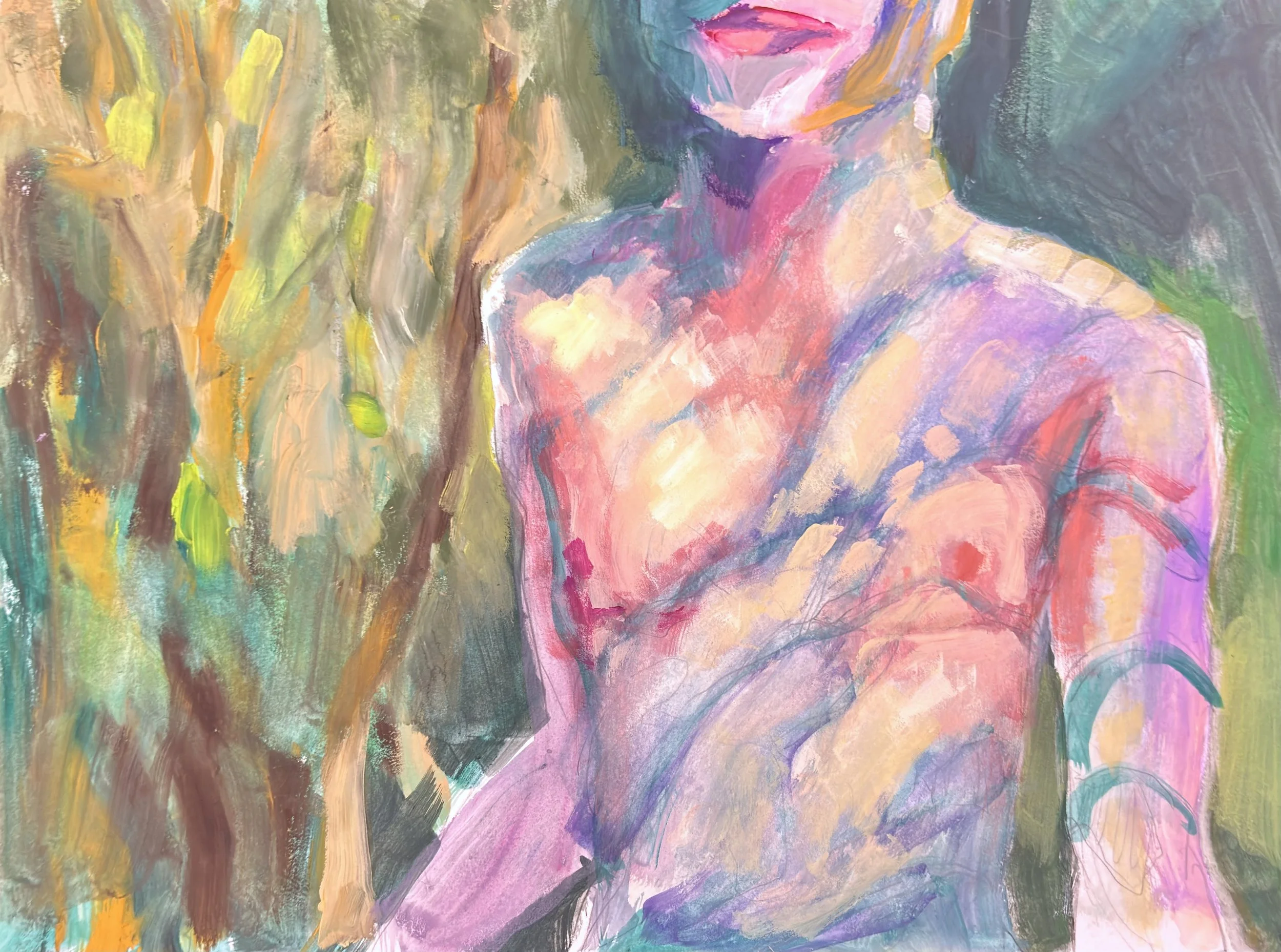 Benjamin Staker, "Sun dappled back
Sweat on your upper lip
Which I lick away
The words whispered", Gouache on
Stonehenge hot press, 12 x 16 inches, 2026