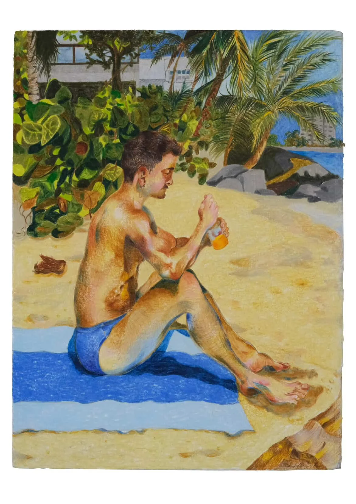 Erickson Díaz-Cortés, Escapándome del Invierno (Comiendo Limber), watercolor pencil, paper mounted on panel, 12 x 9 inches, 2026