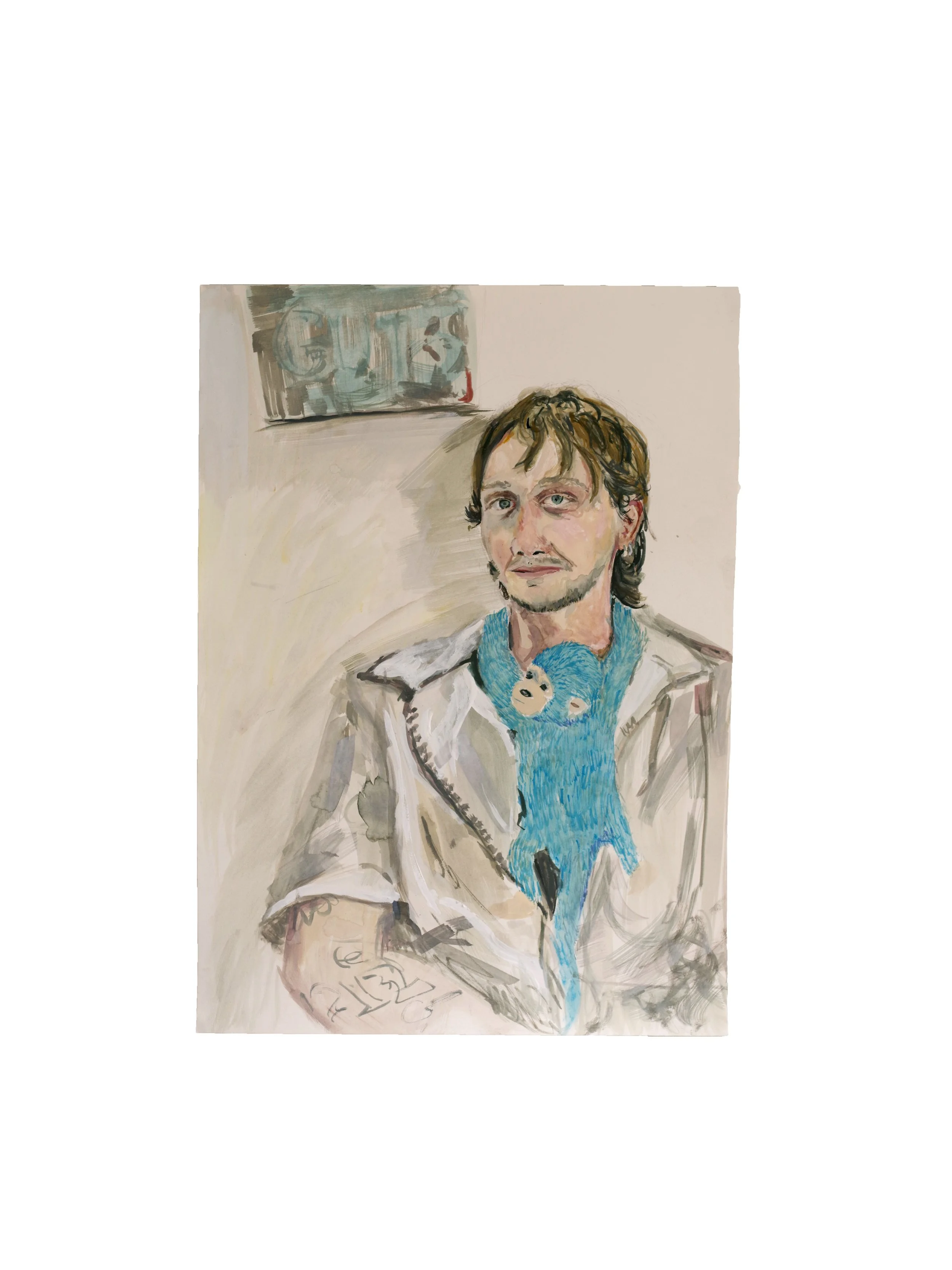 "Scott with Monkey", Watercolor on Paper, 20 x 14 inches, 2025