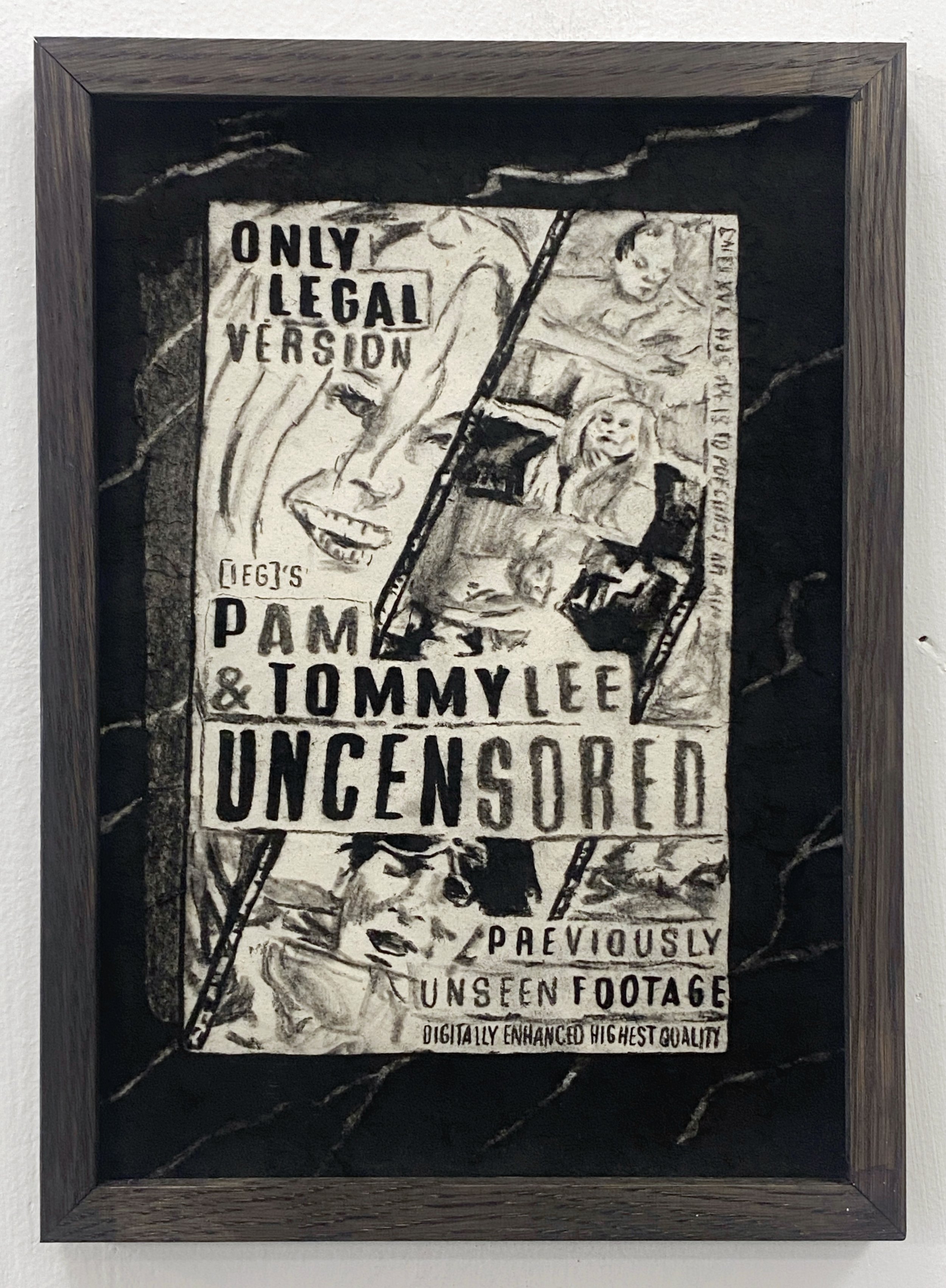 "Pamela Anderson & Tommy Lee Sex tape vhs cover", charcoal on paper, 11 x 8 inches, 2025