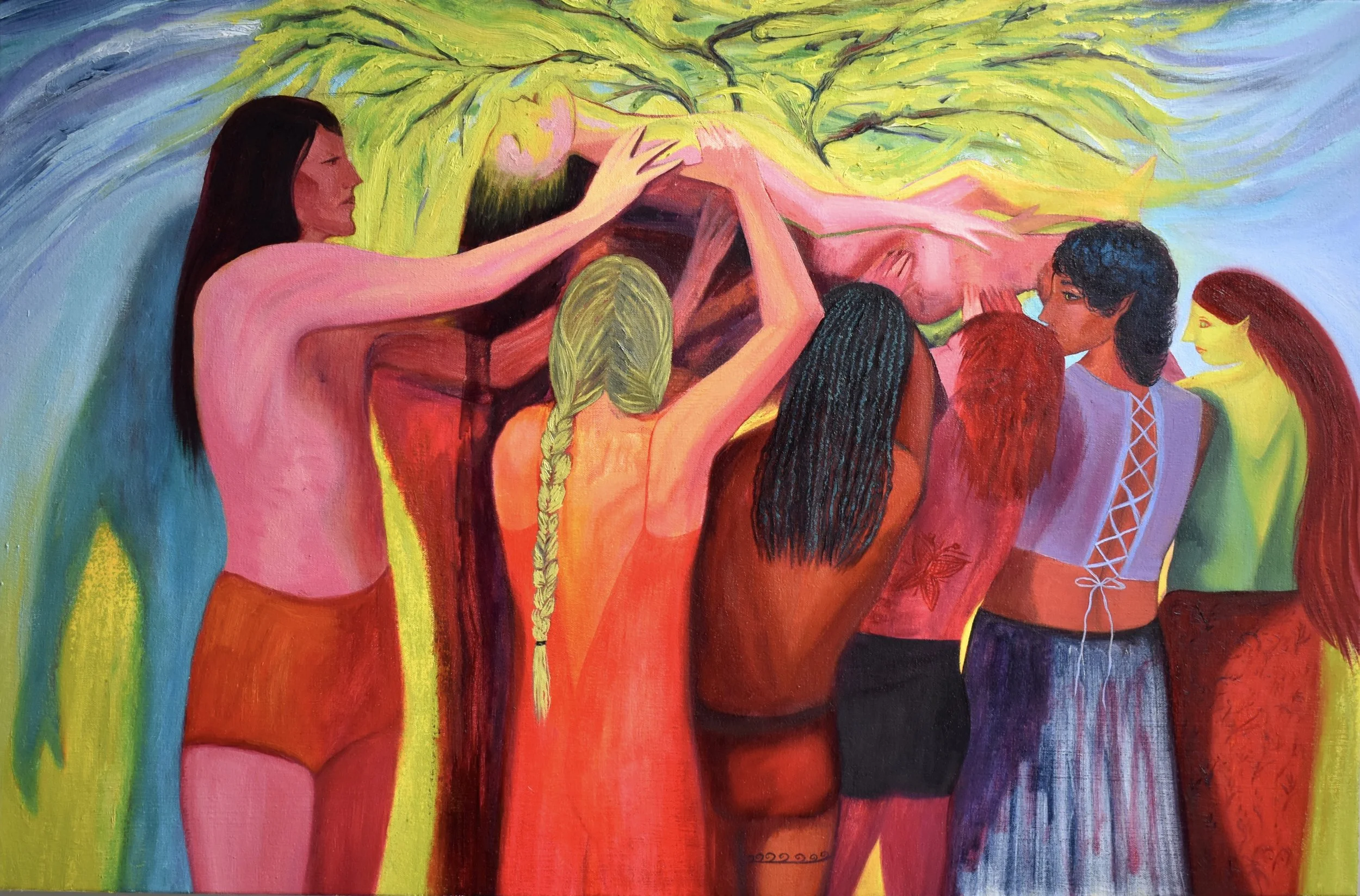 Bambi Alder, trust fall, oil on panel, 20 x 30 inches, 2024
