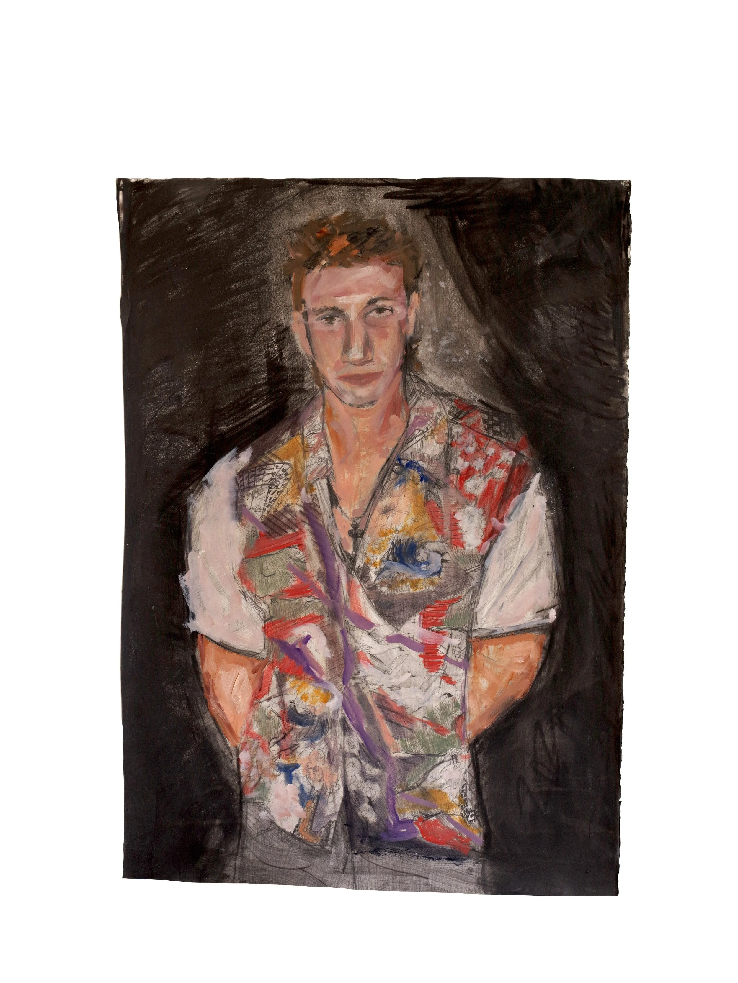 "Michael in Japanese Button-down",
Oil and Graphite Materials on Paper,
25 x1 6 inches, 2025