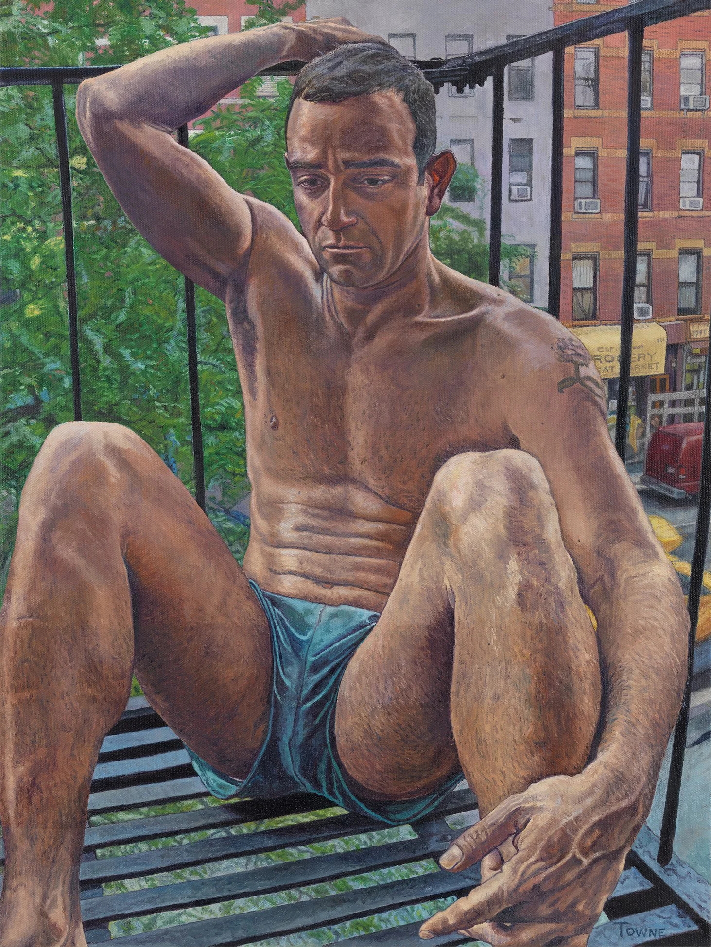 George Towne, Nando - Fire Escape, Oil Painting on Canvas, 19.5 x 25.5 inches framed, 2015
