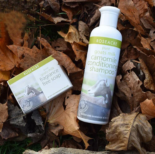 Roseacre soap and shampoo in leaves.jpg